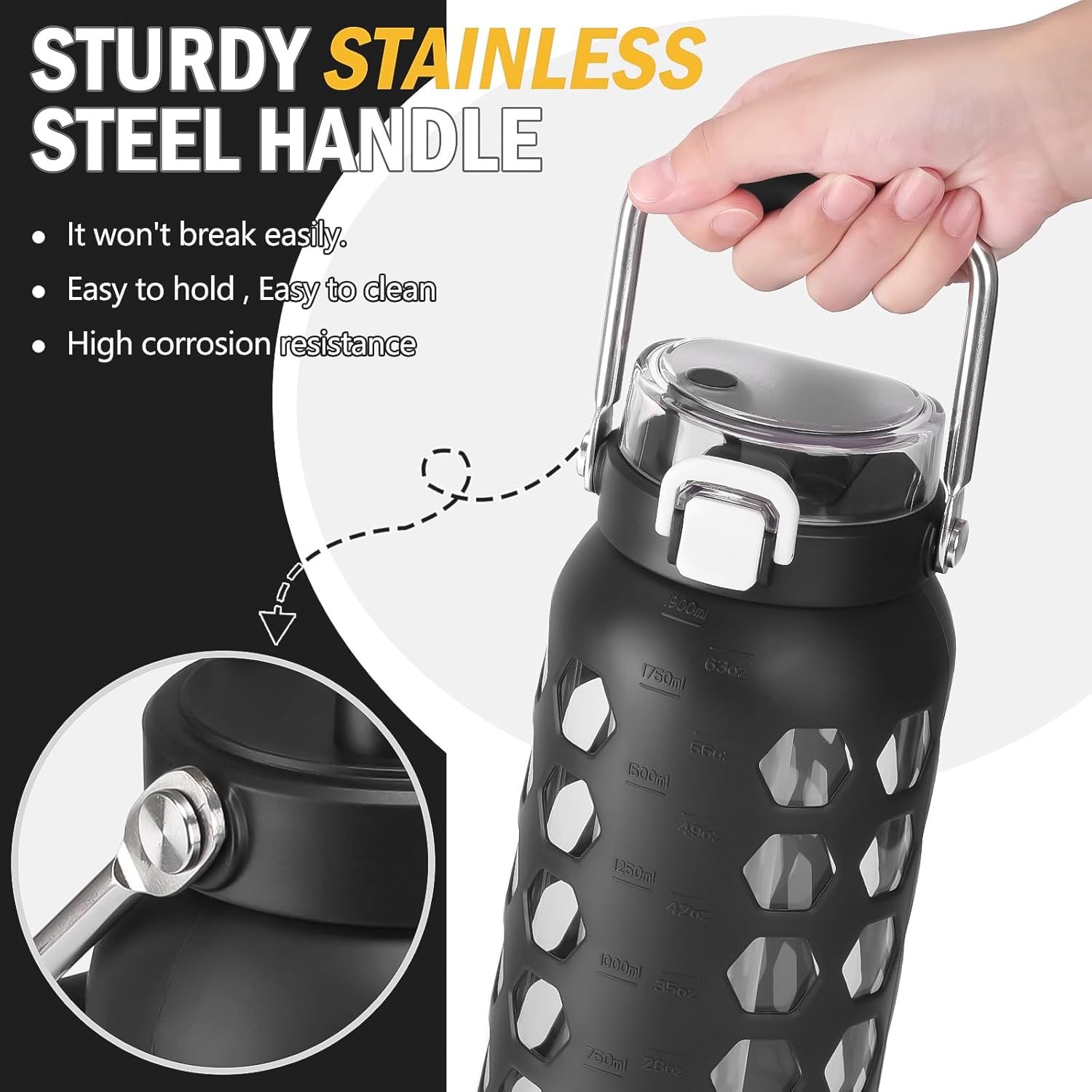 MUKOKO 64oz Glass Water Bottles with Straw and Lid,Half Gallon Water Bottle with Time Marker,Large Glass Water Jug with Silicone Sleeve and Stainless Steel Handle-Black - Image 2