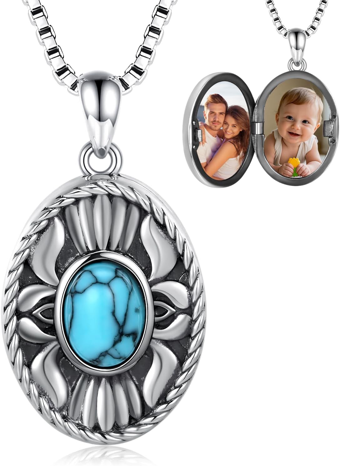 Zepmais 925 Sterling Silver Oval Turquoise Lockets Pendant that Holds Pictures Vintage Jewelry Memorial Gifts for Women