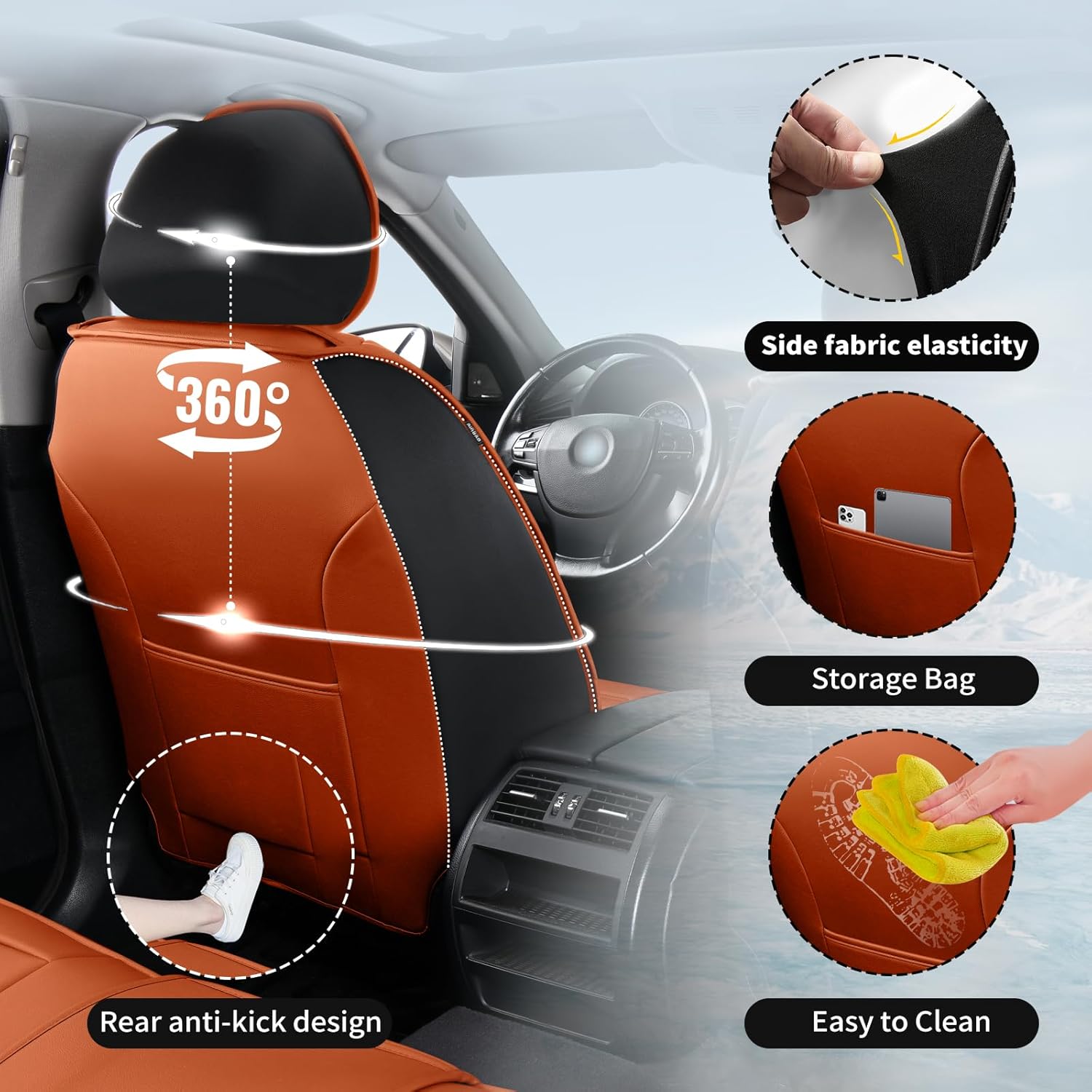 Fit Envista Premium Leather Car Seat Covers for Buick Envista 2024-2025 2026 - Waterproof，Breathable，All-Weather Seat Cushion Protecto & Airbag Compatible, Full Set Orange&Black