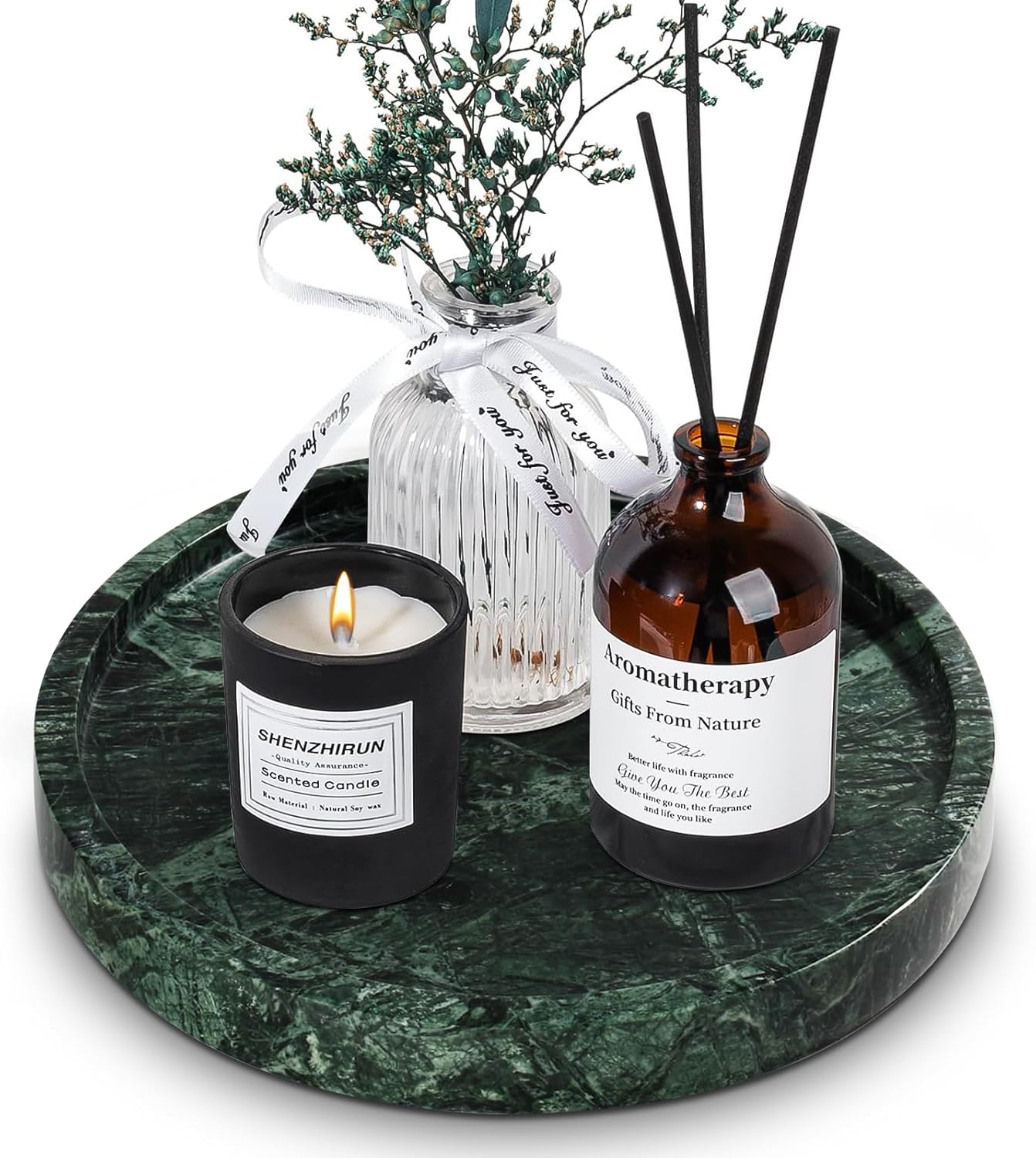 Green Marble Tray, Marble Bathroom Vanity Tray Countertop Organizer, Decorative Trays for Coffee Table Soap Dispenser Kitchen (Green, 7.8in)