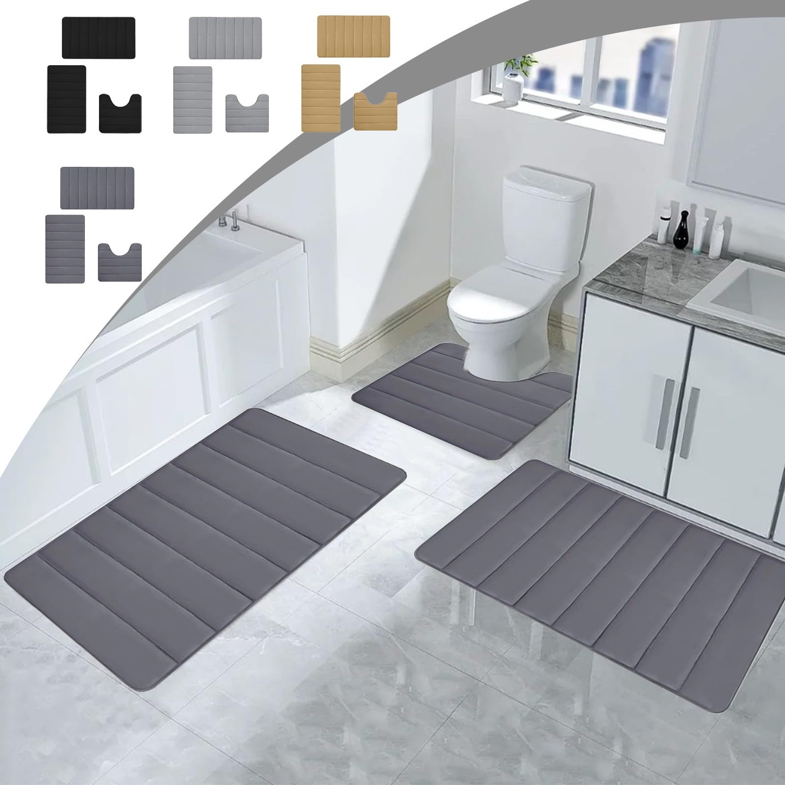 Memory Foam Bath Mat Set, Bathroom Rugs for 3 Pcs, Toilet Mats Soft Comfortable Water Absorption Nonslip, 3 Piece Bottom Set Carpet, Strong Non-Slip Backing, for Bathroom & Kitchen