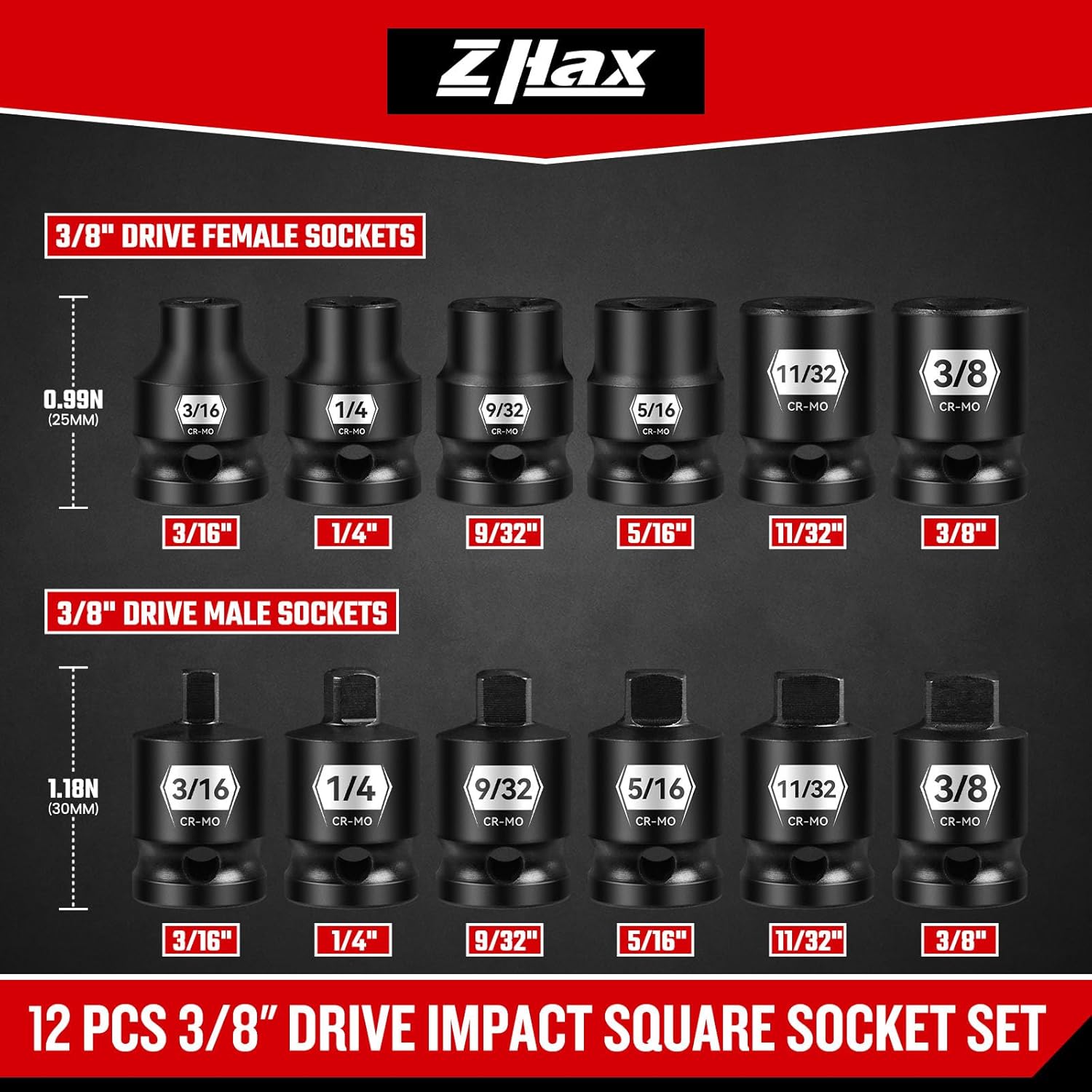 Zhax 12PCS 3/8-Inch Drive Pipe Plug Socket Set, Impact SAE (3/16-3/8inch), Chamfered 4 Point Female Square Sockets,Tapered Male Square Head Drive, Cr-Mo Steel