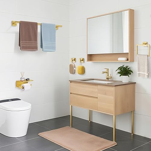 Miniatura 7 de TURS Juego de 5 accesorios de baño de oro cepillado de 23.6 pulgadas, juego de toallero cuadrado montado en la pared, soporte de papel higiénico