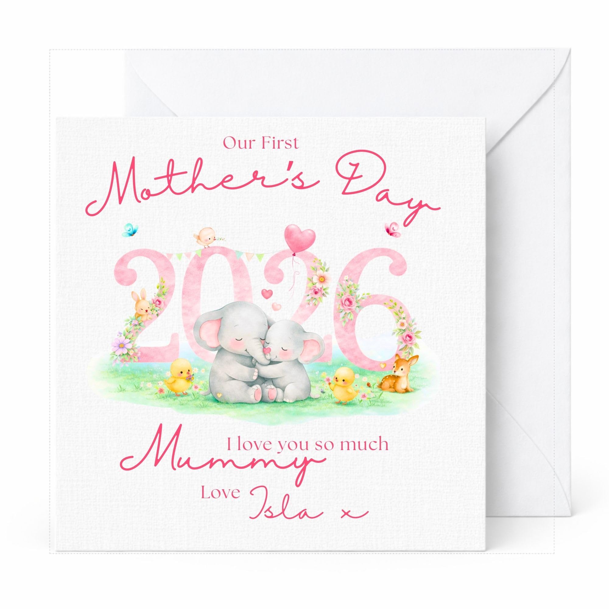 Personalised First Mother’s Day 2026 Card From Baby to Mummy, Custom Name Mothers Day Card, Cute Elephant Keepsake for Mum, Pink or Blue Option (Pink or blue)