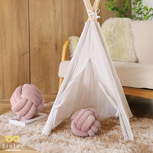 Miniatura 5 de Sioloc Almohadas de nudo suave, cojín redondo para decoración del hogar, almohada anudada hecha a mano (13.7 pulgadas, rojo rosa)