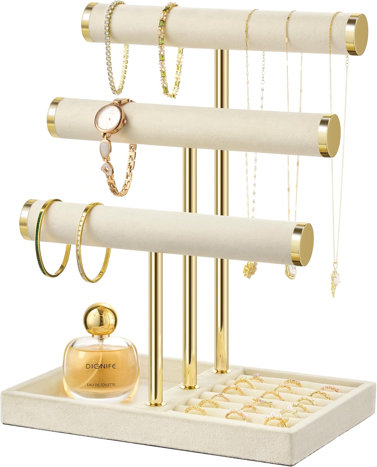 3 Tier Bracelet Holder Display - Detachable T Bar Beige Velvet Bracelet Holder, Jewelry Holder Organizer for Bracelet, Necklace, Earrings, Rings