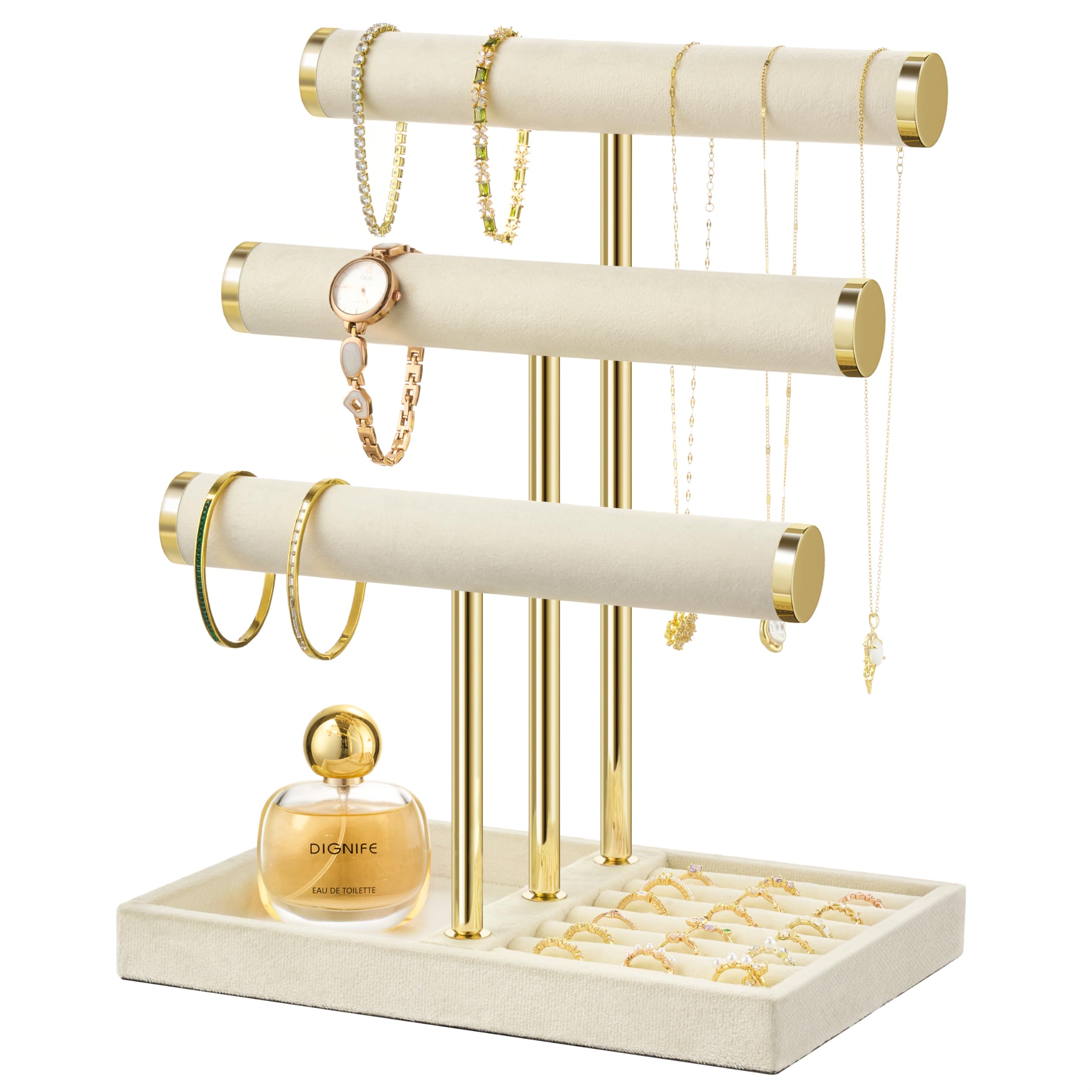 Josmimic Sieraden organizer met 3 niveaus, Zwart sieradenstandaard, armbanden, afneembare T-brug, fluwelen armbandhouder, sieradenhouder voor armband Josmimic Sieraden organizer met 3 niveaus, Zwart sieradenstandaard, armbanden, afneembare T-brug, fluwelen armbandhouder, sieradenhouder voor armband