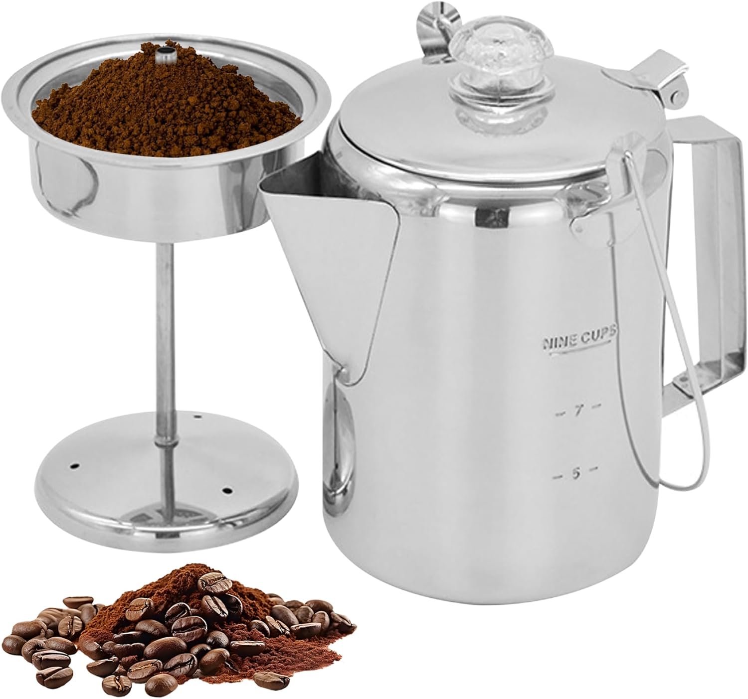 Percolator Coffee Pot Stainless Steel Camping Coffee Makers 64.3oz Capacity Portable Percolator with Clear Top Glass Knob Outdoor Maker for Campfire Stovetop