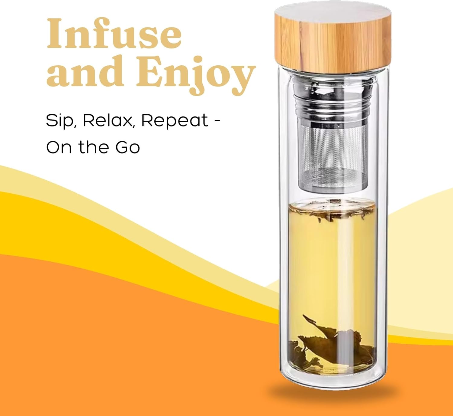 15oz Double Wall Glass Water Bottle with Bamboo Lid and Tea Infuser – Insulated, Leak-Proof, and Eco-Friendly Travel Tea Mug with Filter for Hot or Cold Beverages - Image 4