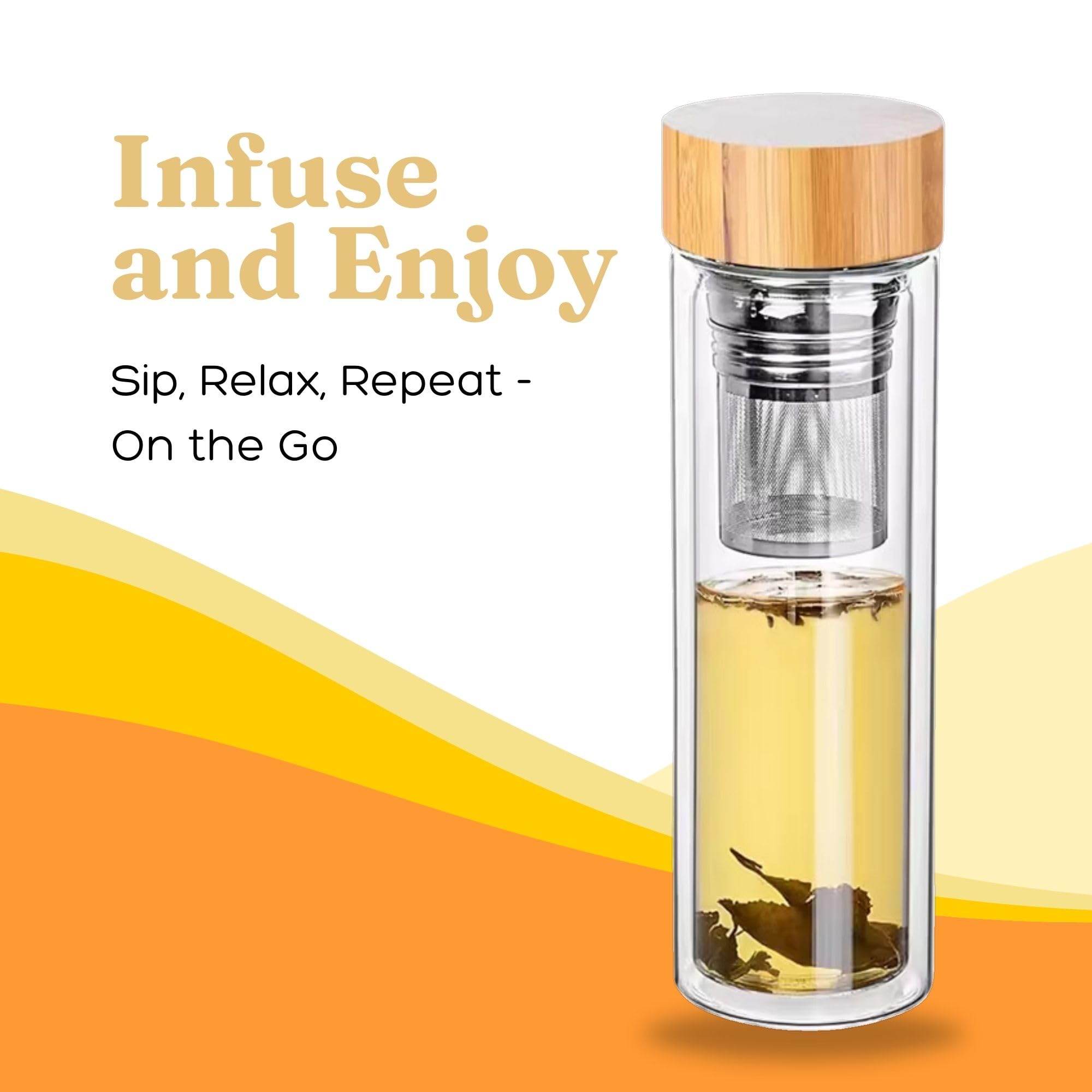 15oz Glass Water Bottle with Bamboo Lid and Tea Infuser thumbnail 4