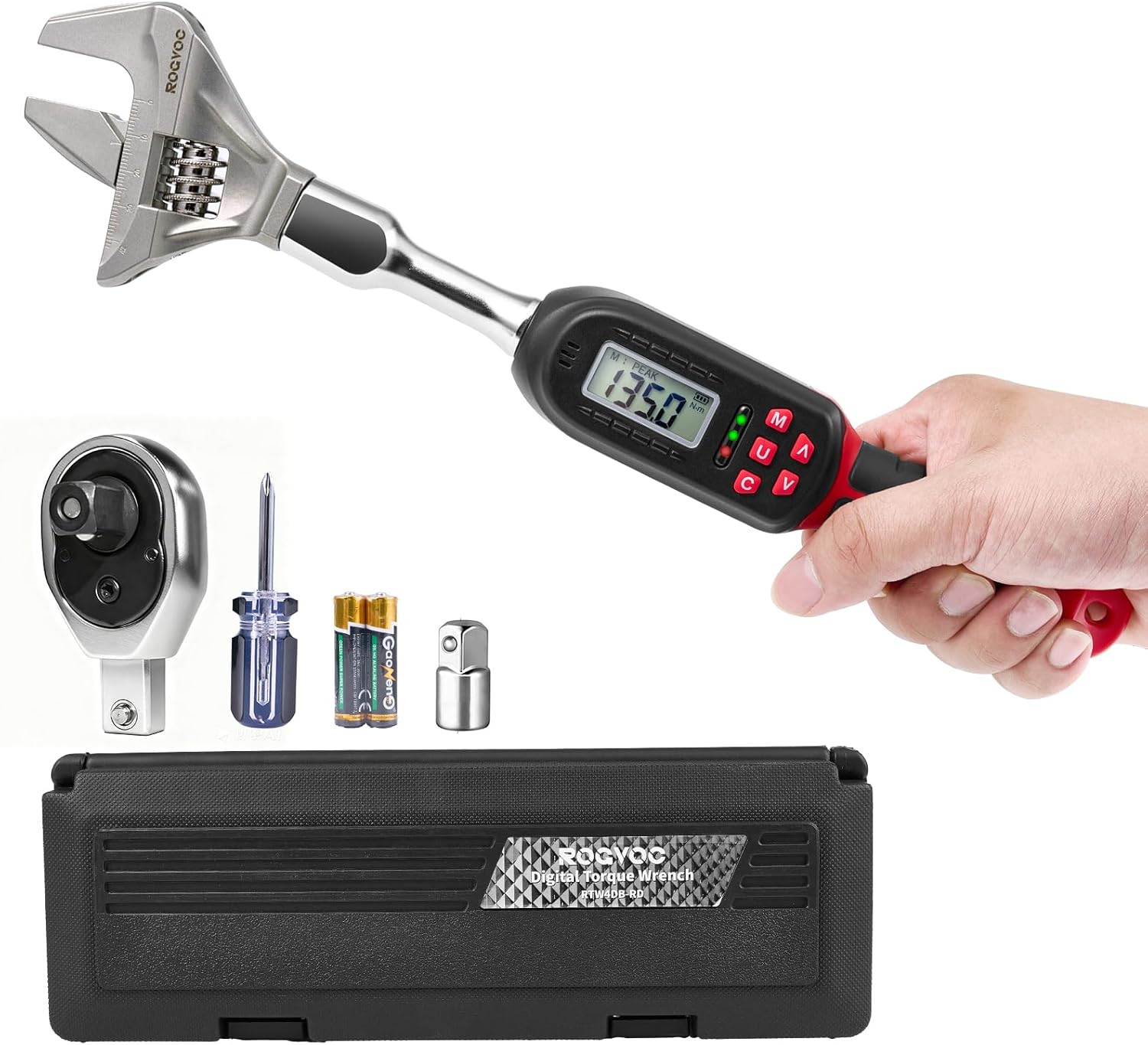 Adjustable Digital Torque Wrench 5-100 ft.lb/6.8-135 N.m, Interchangeable Electronic Torque Wrench with 42 mm Open End and 1/2 inch Ratchet, 2% Accuracy, LED Buzzer Alert, for HVAC