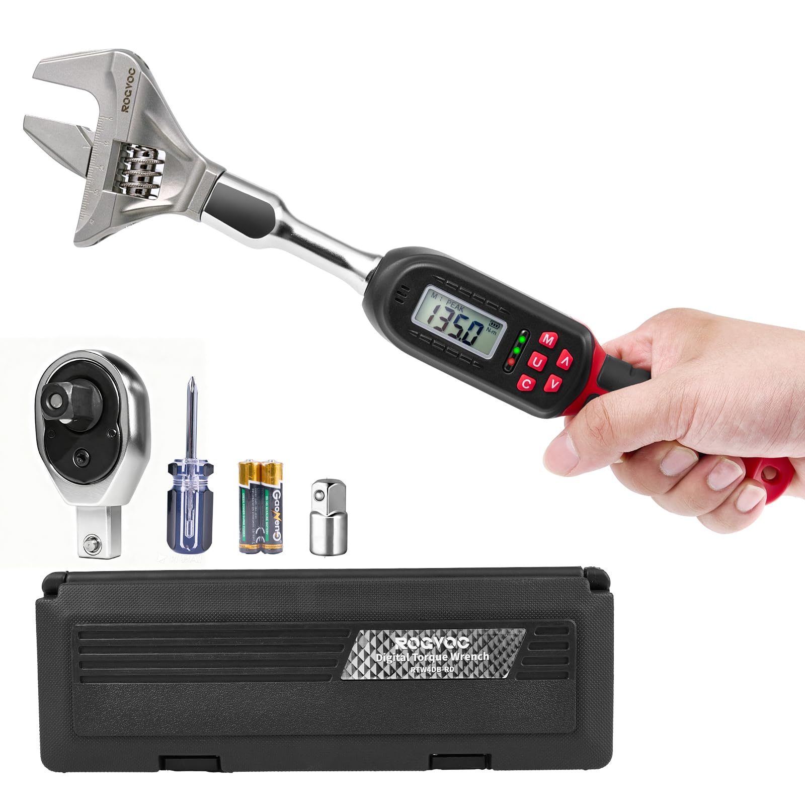 Llave dinamométrica digital ajustable de 6.8-135 N.m, llave dinamométrica electrónica intercambiable con extremo abierto de 42 mm y trinquete de 1/2 pulgada, precisión del 2%, alerta de