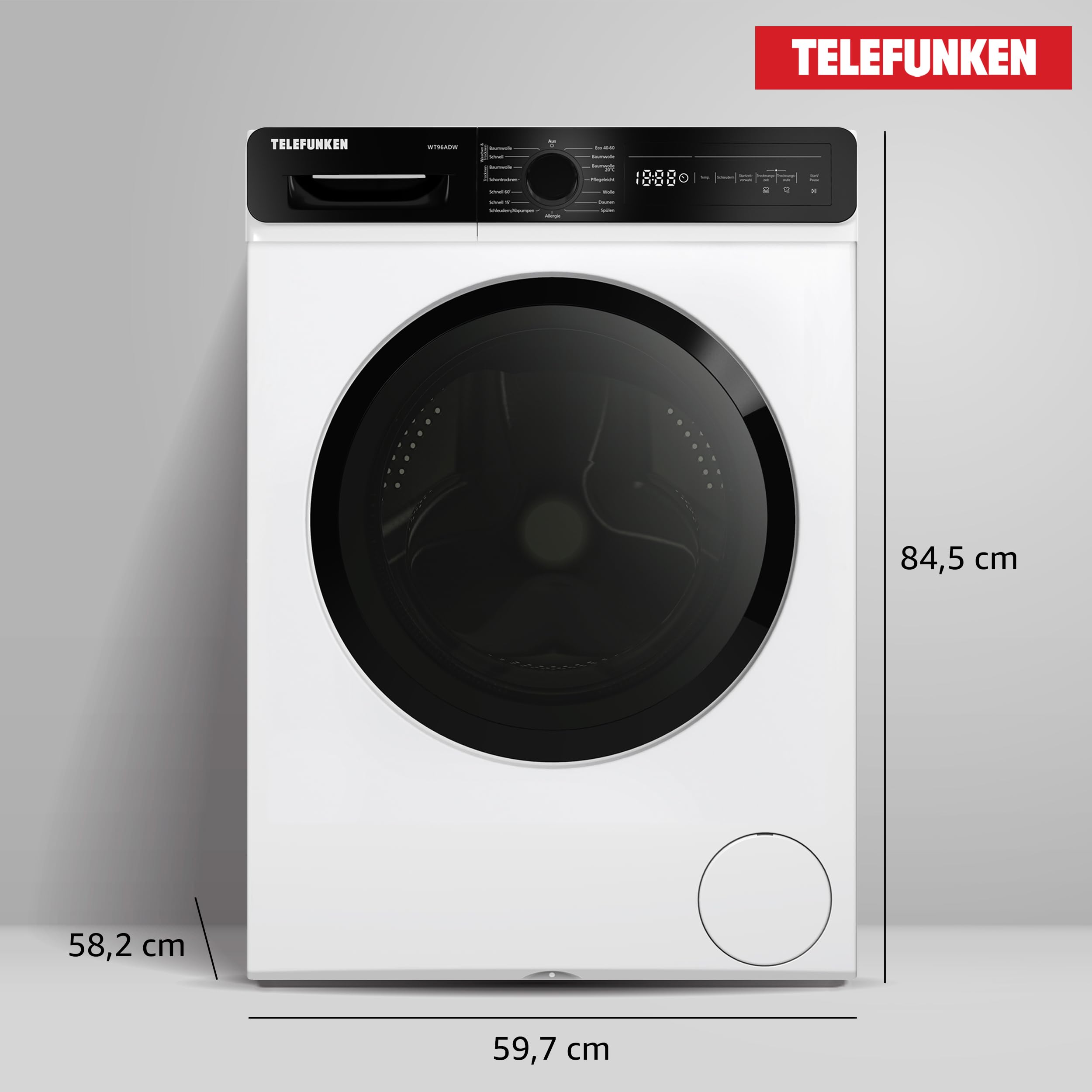 Telefunken Waschtrockner, 9 kg Waschen / 6 kg Trocknen, Waschmaschine mit Trockner integriert, 1400 U/Min, Frontlader Waschtrockner Kombi, Inverter Motor, AquaStop, Energiesparend, Weiß, WT96ADW