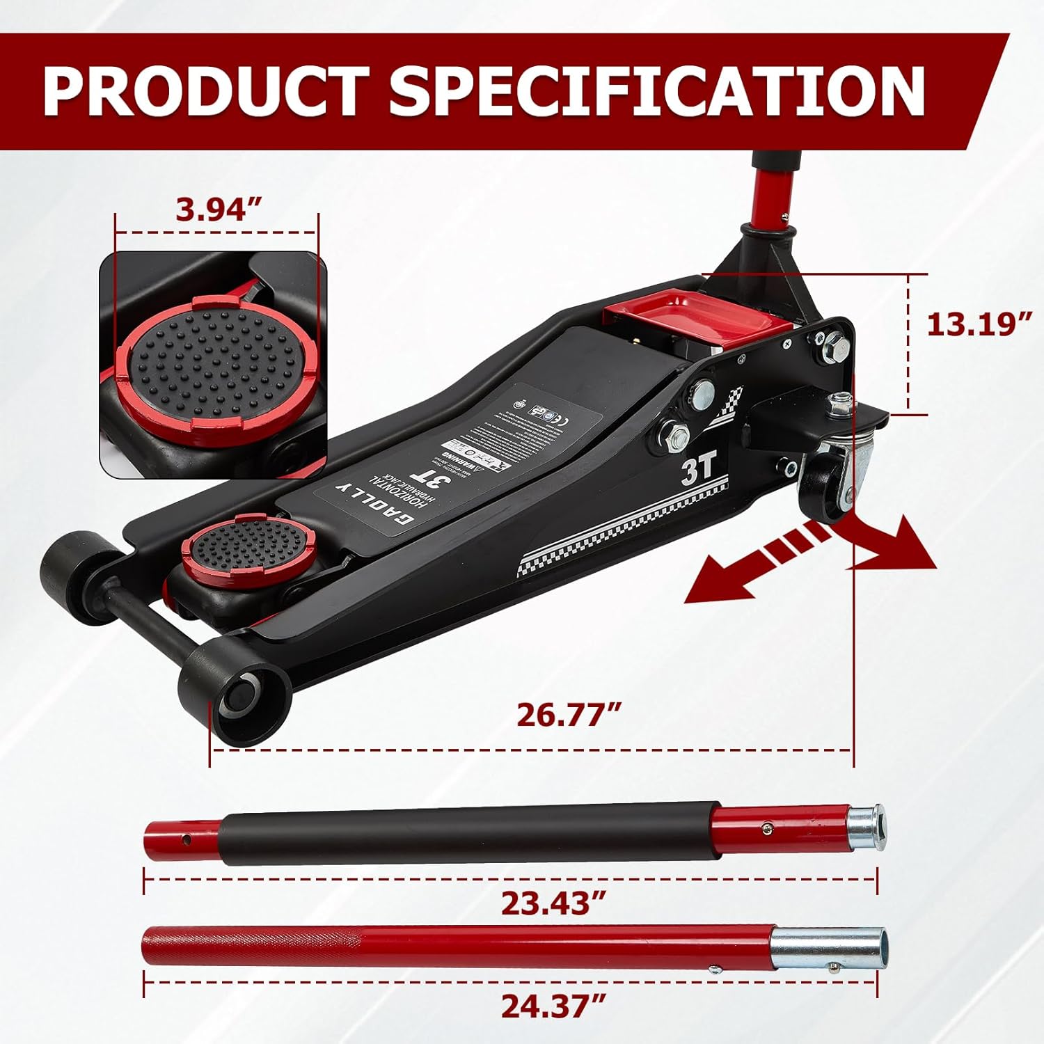 3 Ton (6600 lbs) Low Profile, Heavy-Duty Steel Racing Floor Jack with Dual Pistons Quick Lift Pump, Lifting Range 3.35"-19.69"