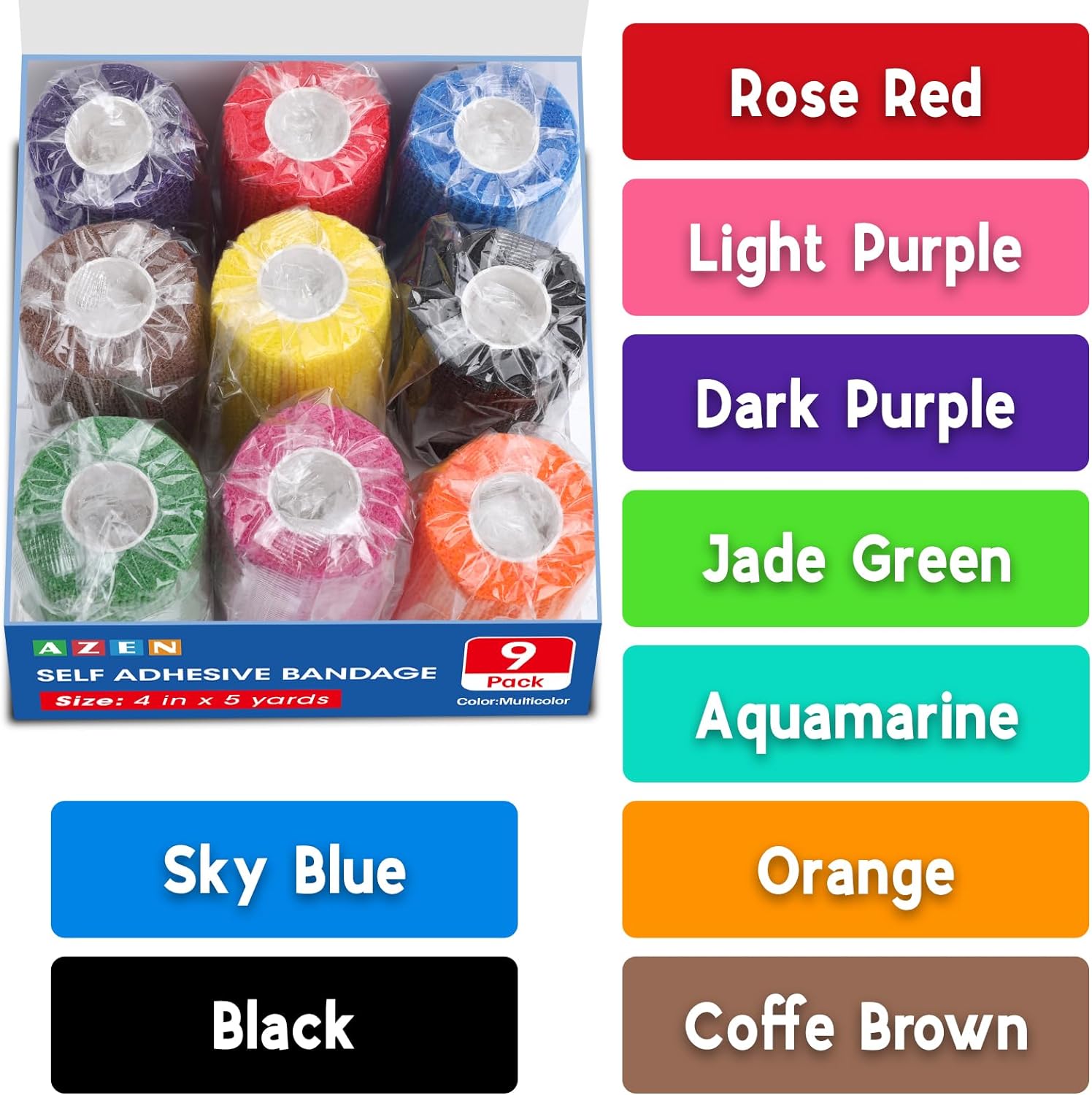 AZEN 9 Pack Self Adhesive Bandage Wrap, 4 X 5 Yards Elastic Cohesive Bandage Wrap, Color Athletic Tape, Tattoo Grip Tape Wrap, Vet Wrap, Ankle Tape