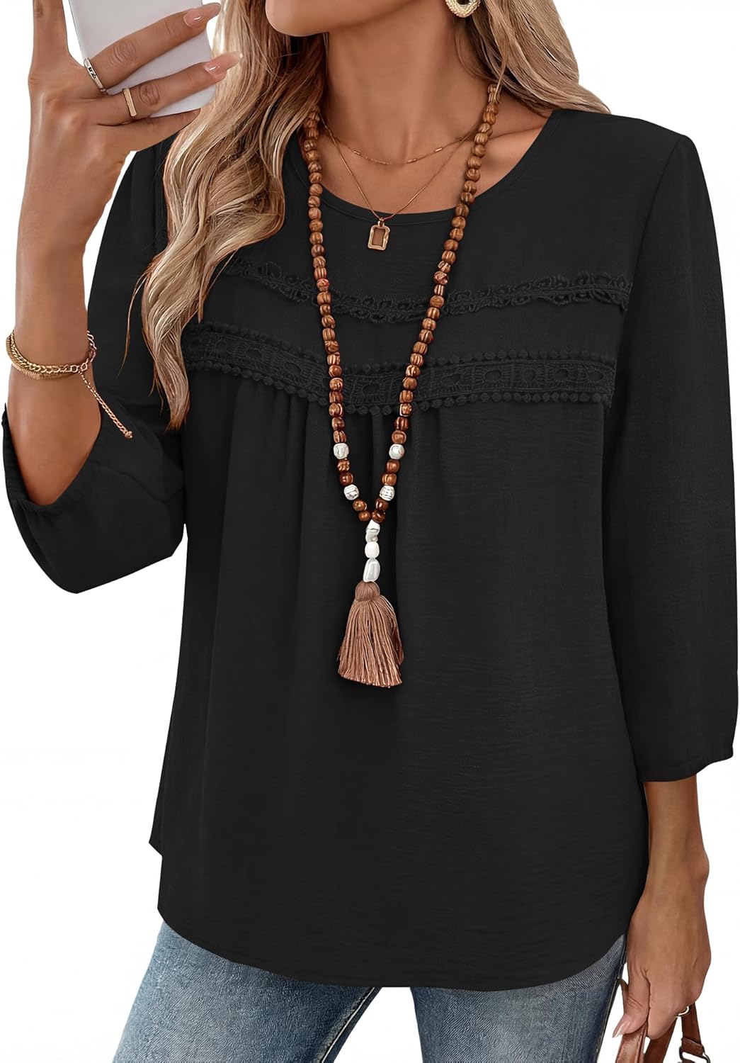 Ivicoer 3/4 Length Sleeve Womens Tops Crewneck Dressy Casual Chiffon Blouses Flowy Lace Boho Clothing Trendy 2026