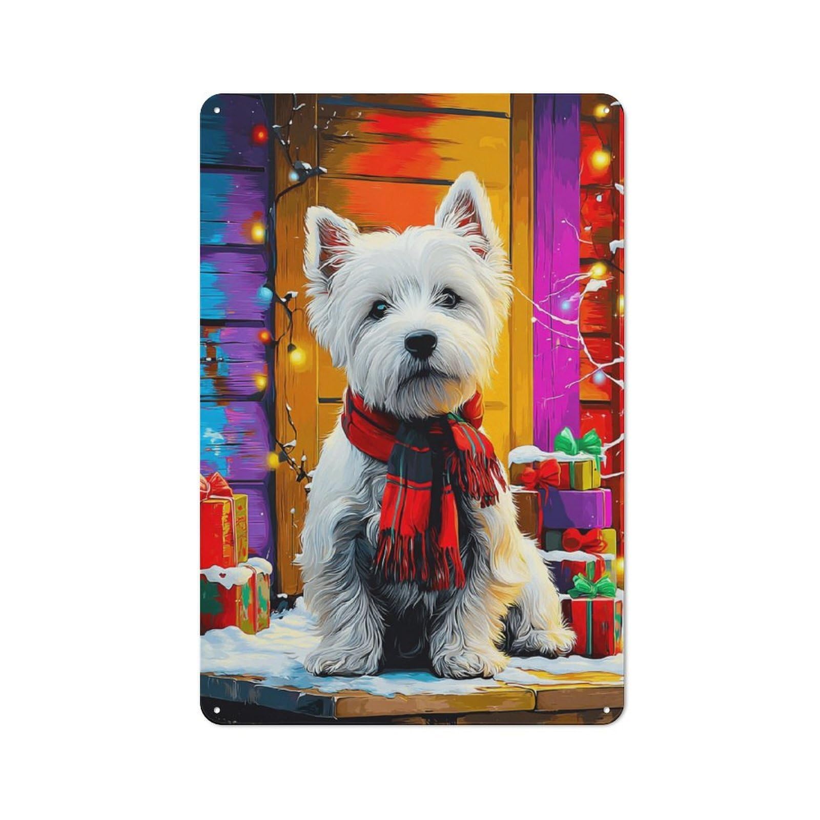 Junmoney Christmas Westie With Presents -3 Smart Metal Wall Decor 30X20cm, Office Metal Sign For Office, Study, Studio Or Hallway