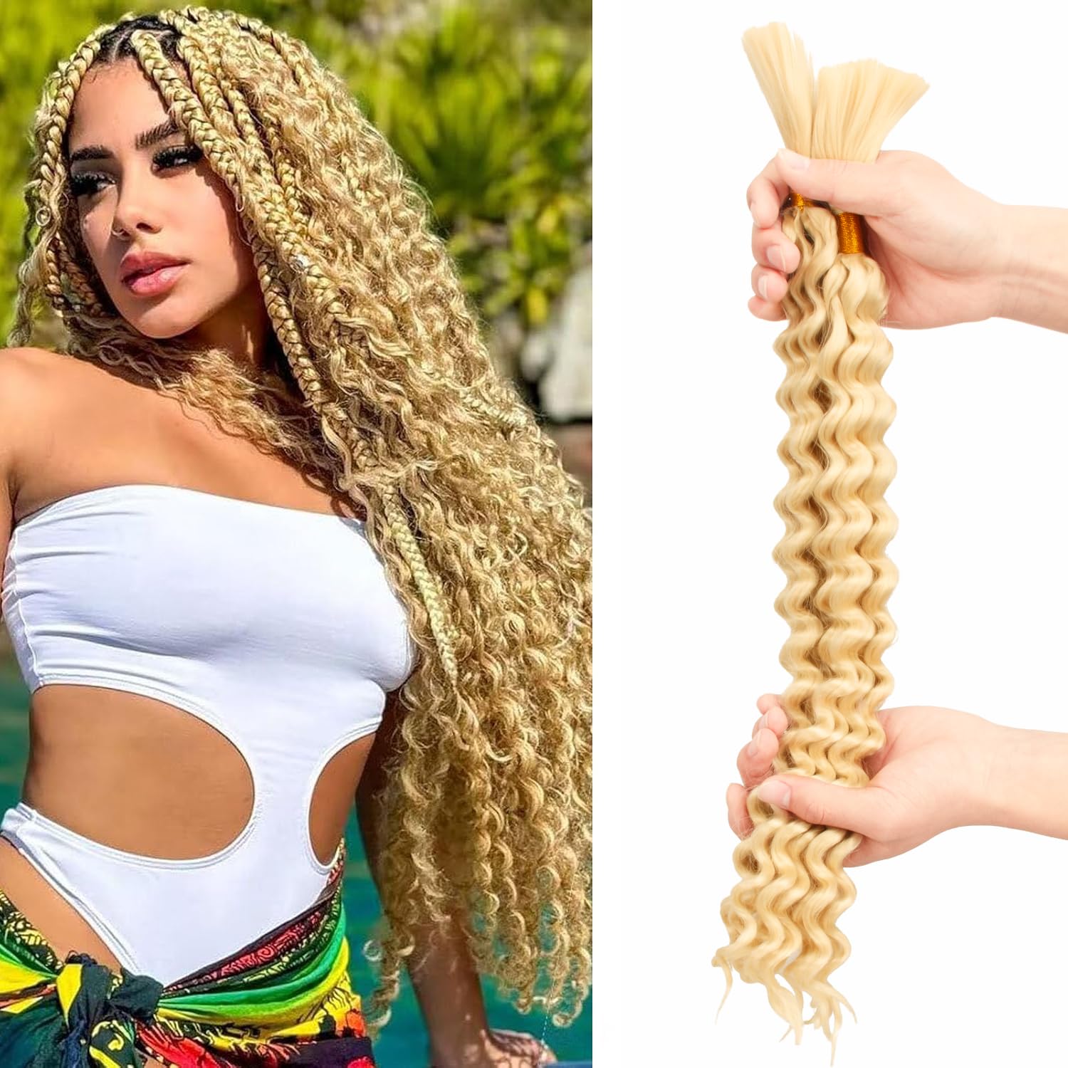 Deep Wave Bulk Braiding Hair Extensions-20 Inches 4 Bundles White Blonde Synthetic Curly Hair Bundle for Braiding,No Weft Braids for Human（20"-4 Bundles,613#）