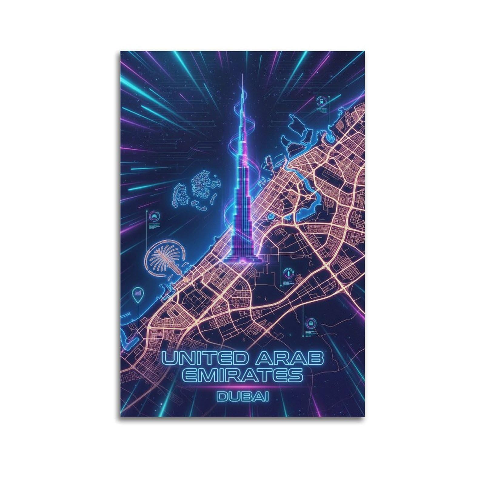 XKUGA Gamer Room Aesthetic Dubai UAE Map Poster Modern Decorative Canvas Prints - Ideal Wall Art for Family, Man Cave, Game Room, Boys & Girls Bedroom 20x30inch(50x75cm)