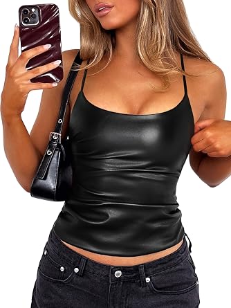 OZICERD Black Faux Leather Going Out Crop Tops for Women Ruched Sleeveless Club Top Rave Outfit Strap Pleather Tank Top Cami
