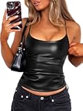 OZICERD Black Faux Leather Going Out Crop Tops for Women Ruched Sleeveless Club Top Rave Outfit Strap Pleather Tank Top Cami