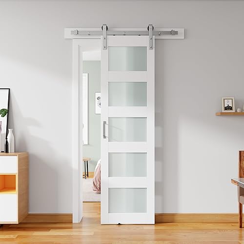 Puerta de granero de vidrio de 24'' x 84'' y kit de herrajes de níquel cepillado de 5 pies incluido, losa de puerta de granero blanca de MDF con