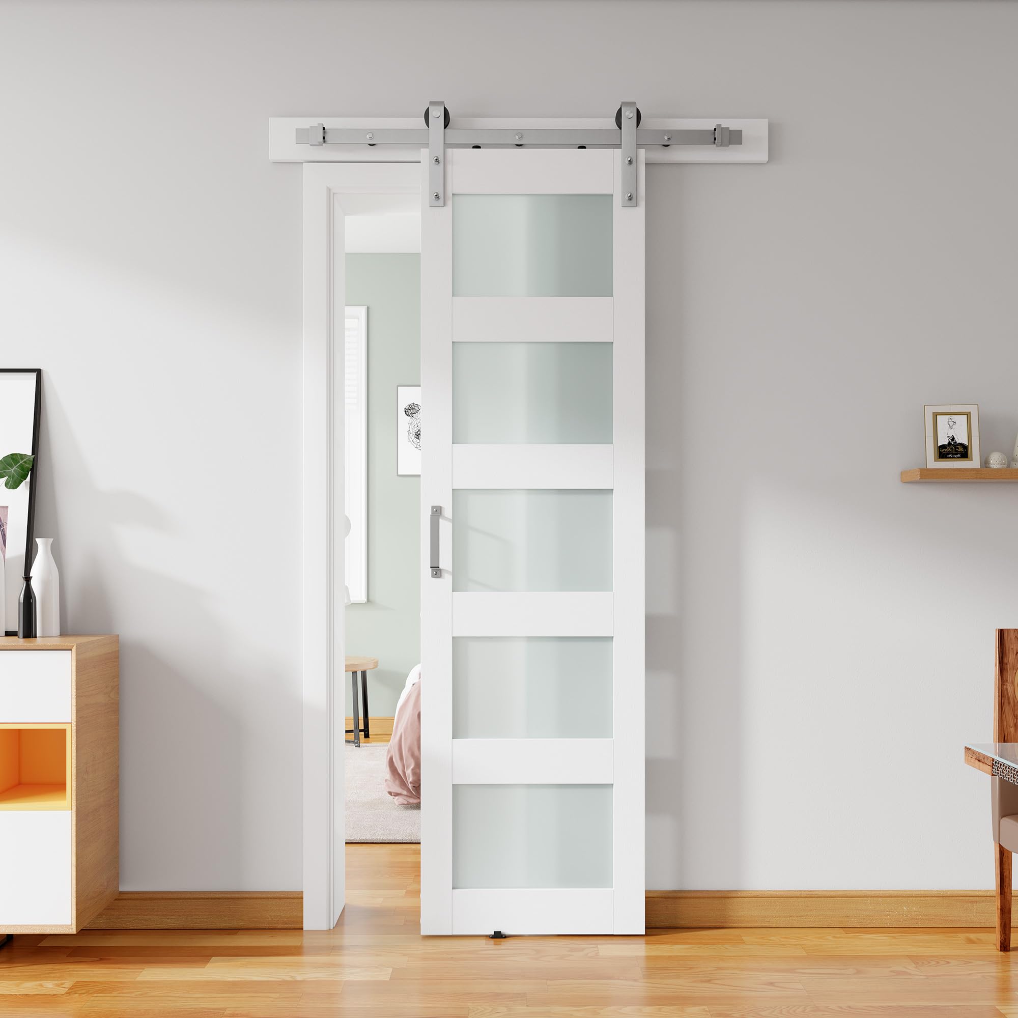 ALAMEDADT 26'' x 84'' Glass Barn Door and 5 Ft Brushed Nickel Hardware Kit Included, MDF White Barn Door Slab with Frosted Glass, PVC Surface,