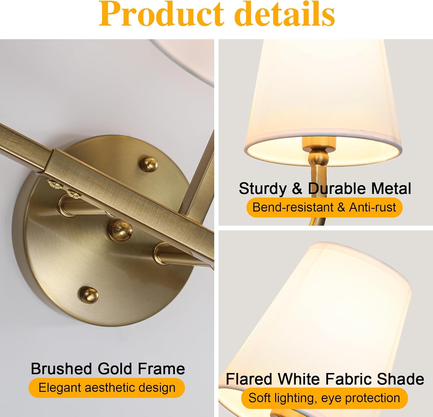 Bathroom Light Fixtures, 3-Light Wall Sconce, Gold Vanity Lights Over Mirror with Flared White Fabric Shade, Modern Sconces Wall Lighting for Bedroom Stairway Hallway (Gold)