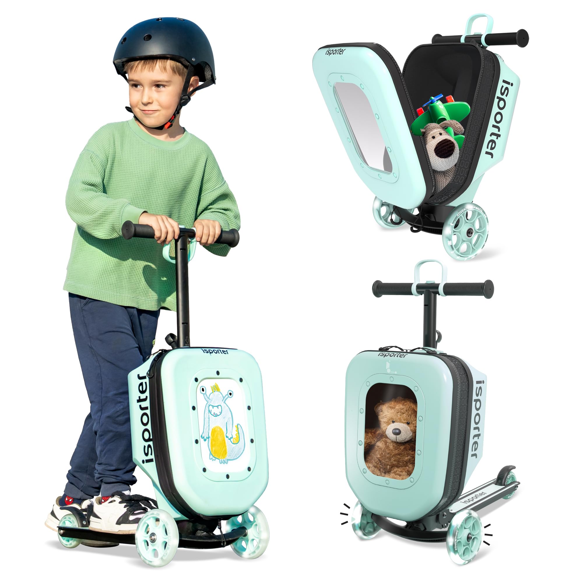 isporter luggage scooter for kids ages 2-5 | ride-on suitcase scooters for boys girls | foldable & height adjustable, 110lbs max