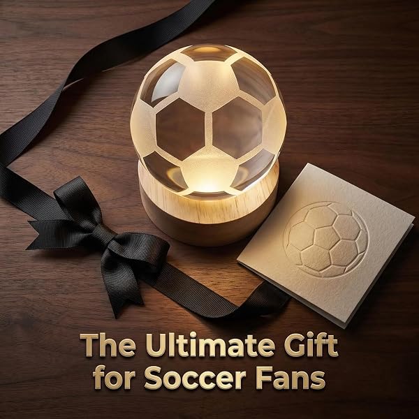 Lampada Cristallo 3D Palla da Calcio con Base in Legno - Luce Notturna LED Sportiva - Sfera di Vetro Incisa al Laser - Idea Regalo per Bambini, Calciatori e Tifosi - Decorazione Scrivania USB (CALCIO) - 4