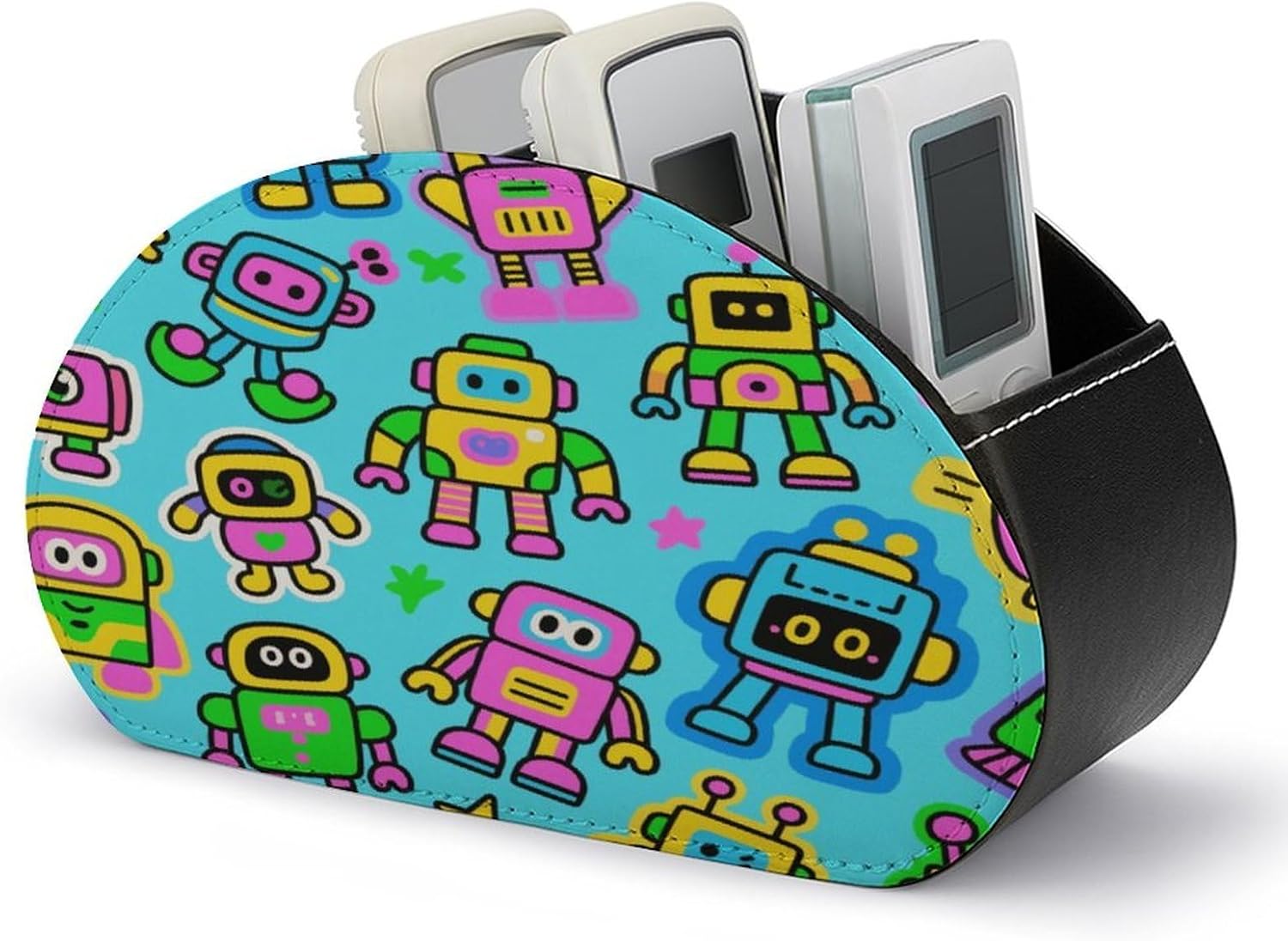 Store Controller PU Leather Remote Caddy Cartoon Robot Leather Remote Caddy Desktop Organizer with 5 Spacious Compartments for TV Remot/Media Controllers/Office Supplies
