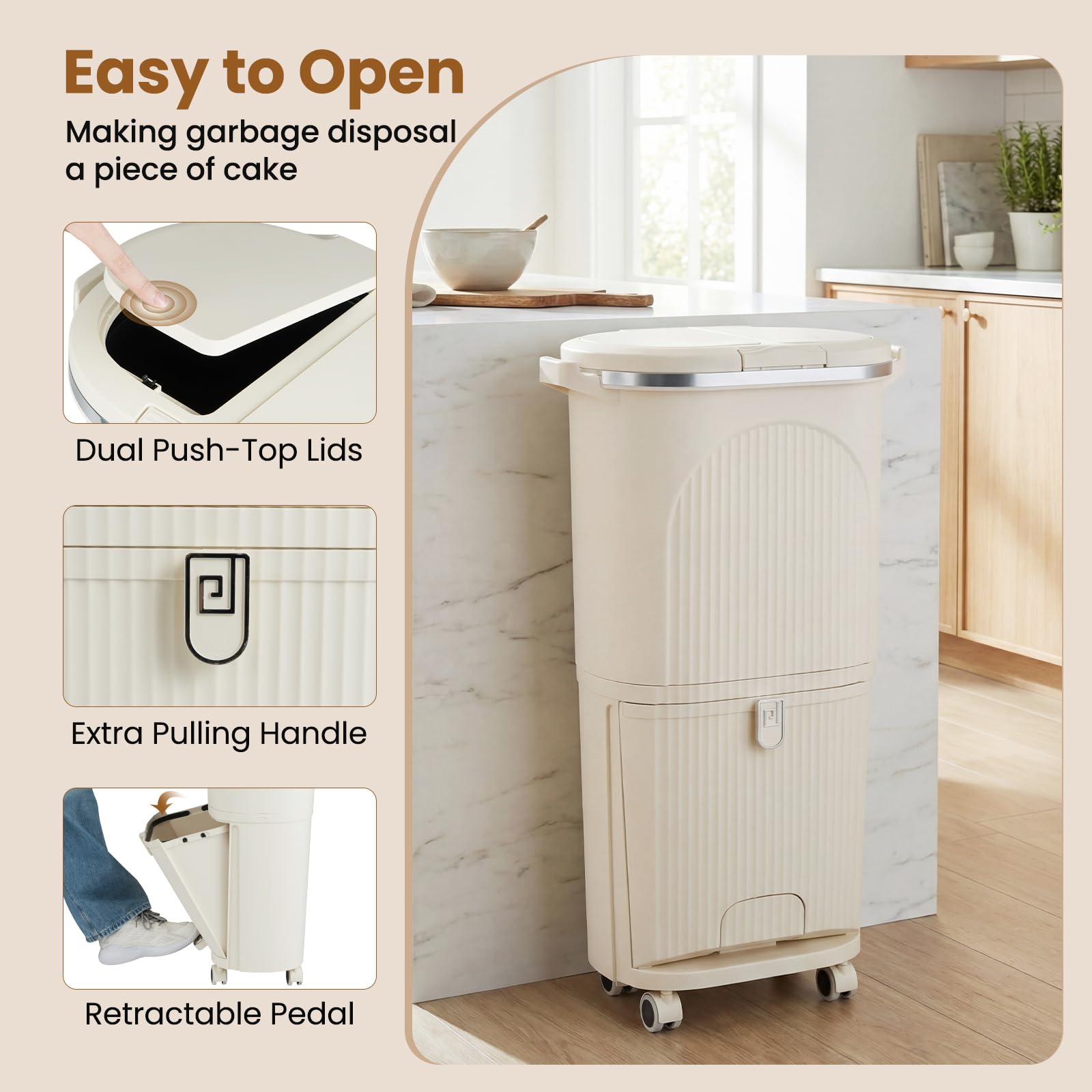 Giantex Bidone per Spazzatura Interno 38 L, Pattumiera da Cucina Differenziata a 3 Scomparti con Ruote e Maniglie, Secchio dei Rifiuti in PP on Coperchi a Pressione e Pedale (Beige)
