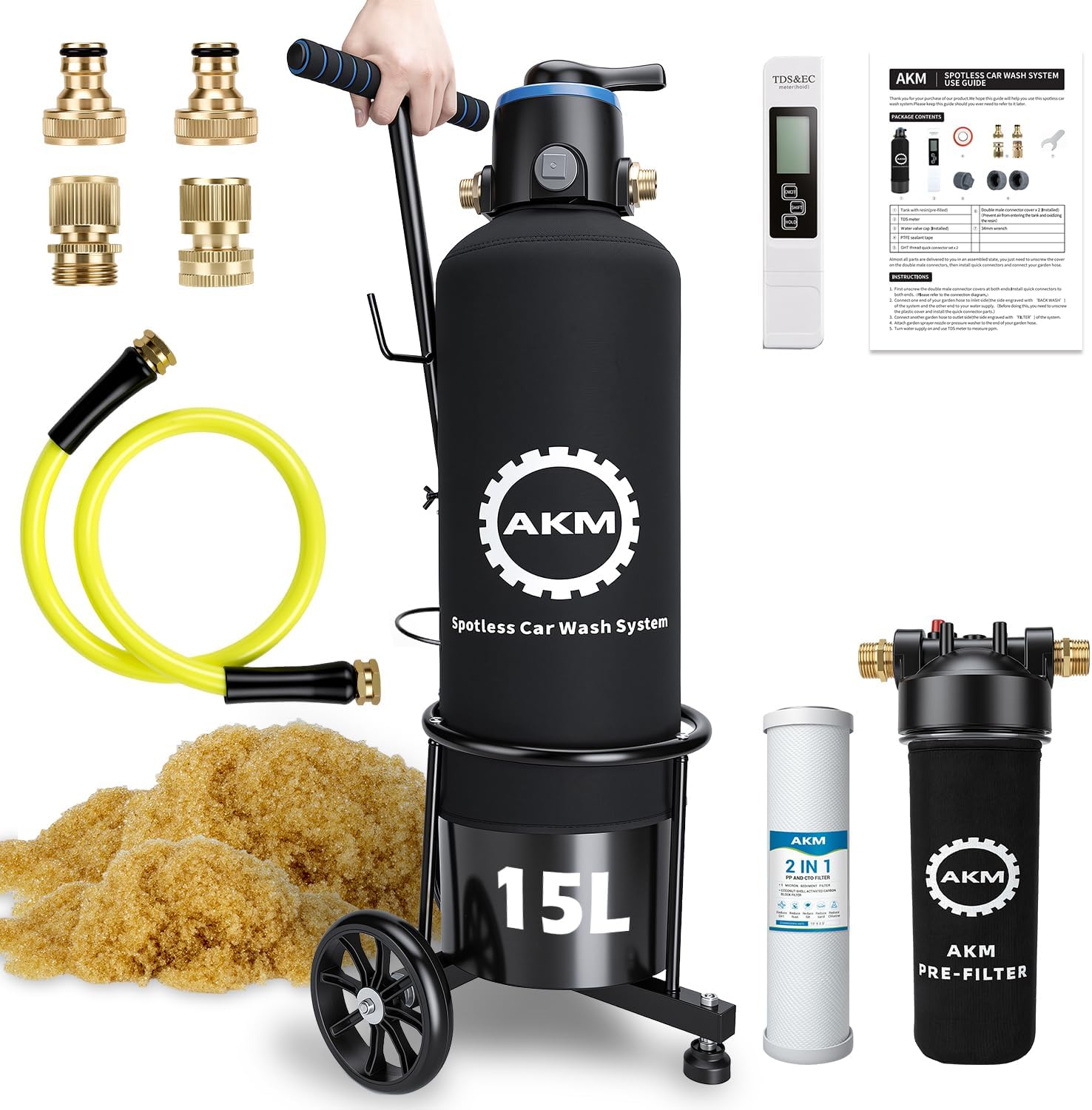 Spotless Water System for car wash,Pre-Filled with DI 15L Resin | Bypass Function, with Pre-Filter, Brass Garden Hose Quick Connectors, Deionized Water System for RV, Vehicles, Boats,No Spots