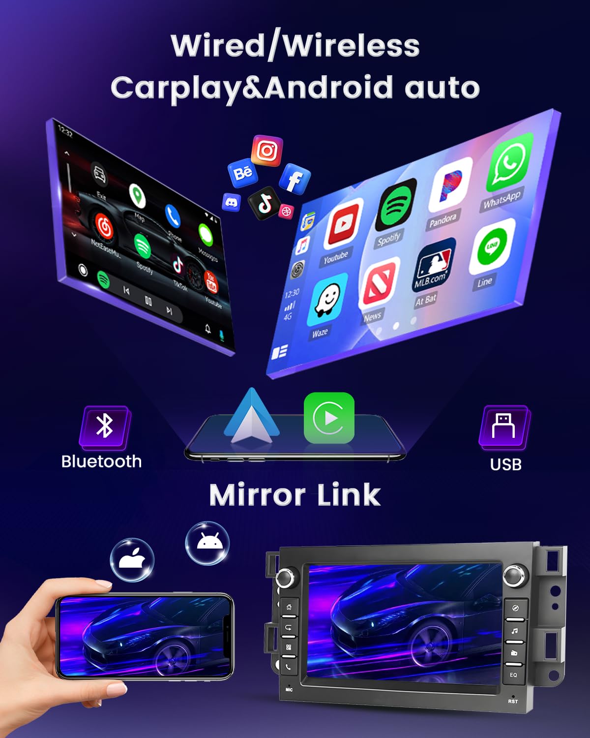 Hikity 2+64G Ekran dotykowy 7" Radio dla Chevrolet Aveo Captiva Epica Holden Daewoo Pontiac, z bezprzewodowym CarPlay Android Auto, Bluetooth, Nawigacja, GPS, WiFi, EQ i kamera cofania