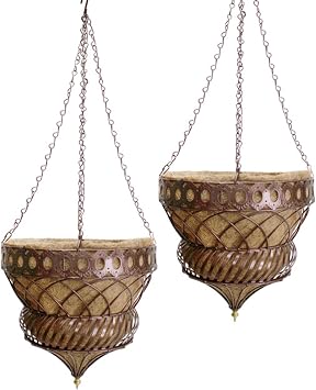 Austram Bronze Queen Anne Hanging Planters, 14 inch Diameter, Metal with Coco Liner, Set of 2