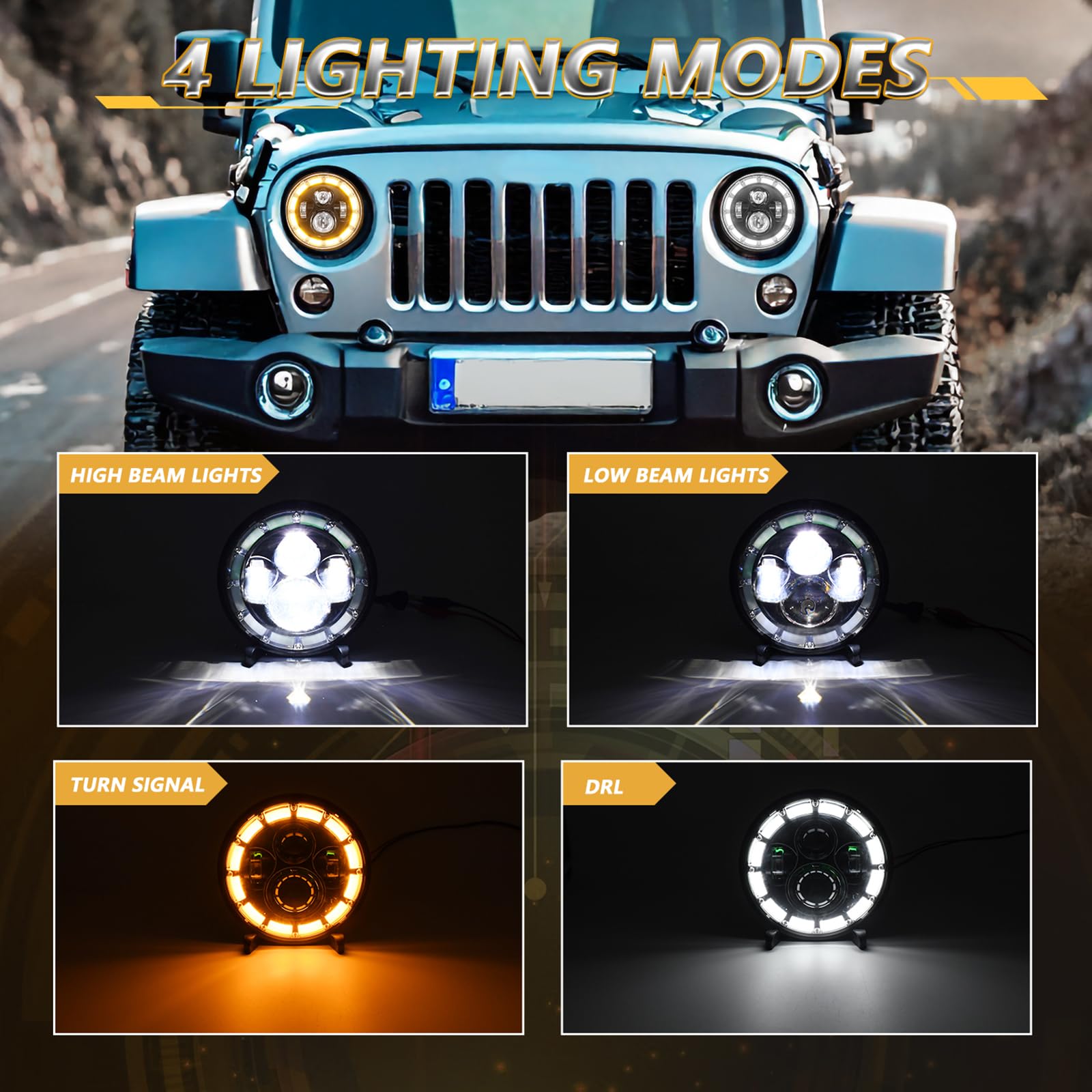 2 PCS Fari LED Rotondi 7 Pollici per Auto e Moto Impermeabili con Fascio Alto e Basso DRL e Frecce Integrate Sostituzione Universale