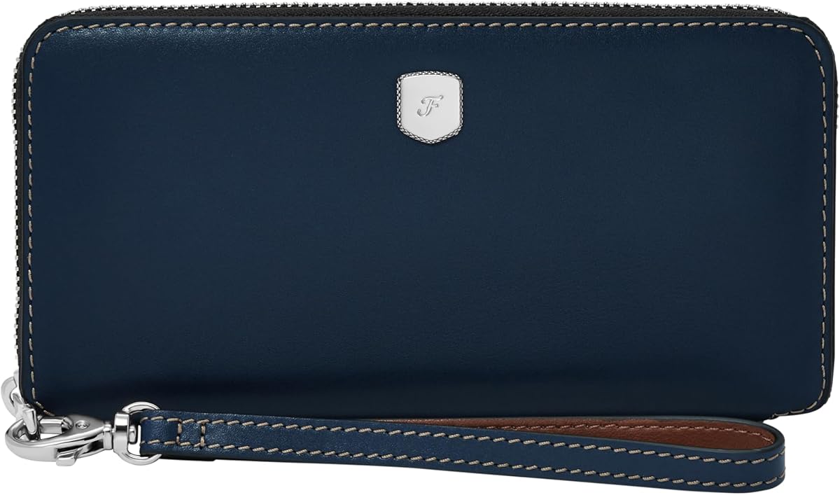 Fossil Cartera para Mujer, Lennox Cartera de Cuero con Cremallera Alrededor para Mujer, Insignia Azul