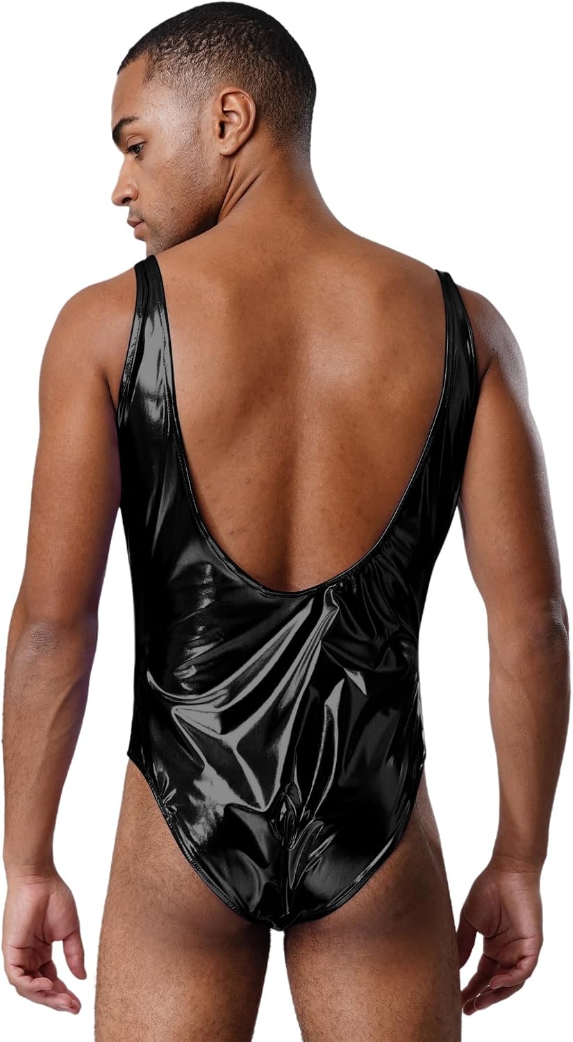 Jelory Mens Shiny Metallic Bodysuit One Piece High Cut Gymnastic Leotard Jumpsuit Rave Party Outfits