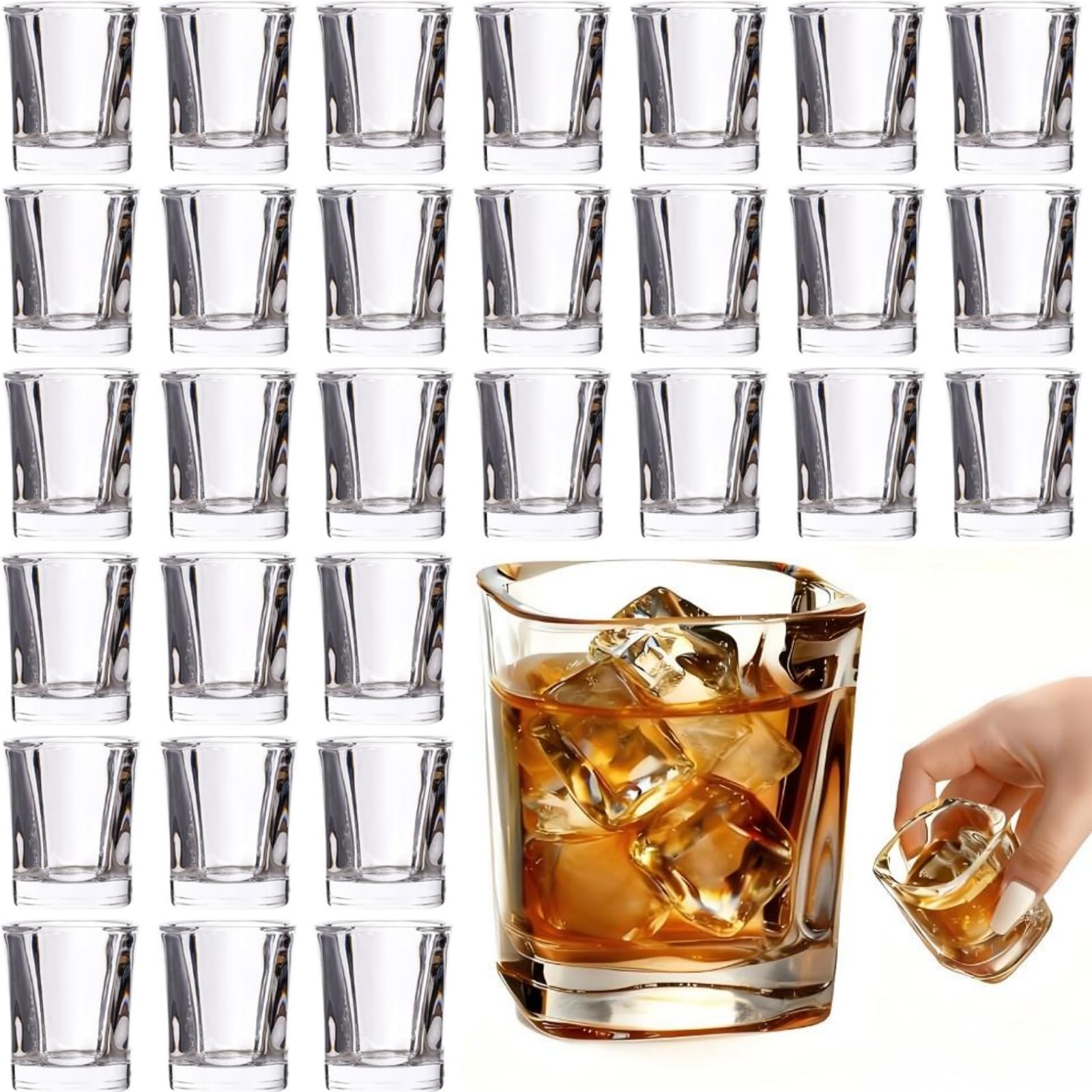 Lot de 30 verres à shot à base lourde, 62,4 g, verres à whisky carrés en vrac, petites tasses en verre épais pour vodka, tequila, expresso, liqueur, fournitures idéales pour les fêtes de bar