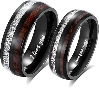 Whiskey Wooden Barrel Meteorite Rings, Galaxy Wedding Ring Sets, Couples Engagement Rings, 8MM 6MM Meteorite Wedding Bands