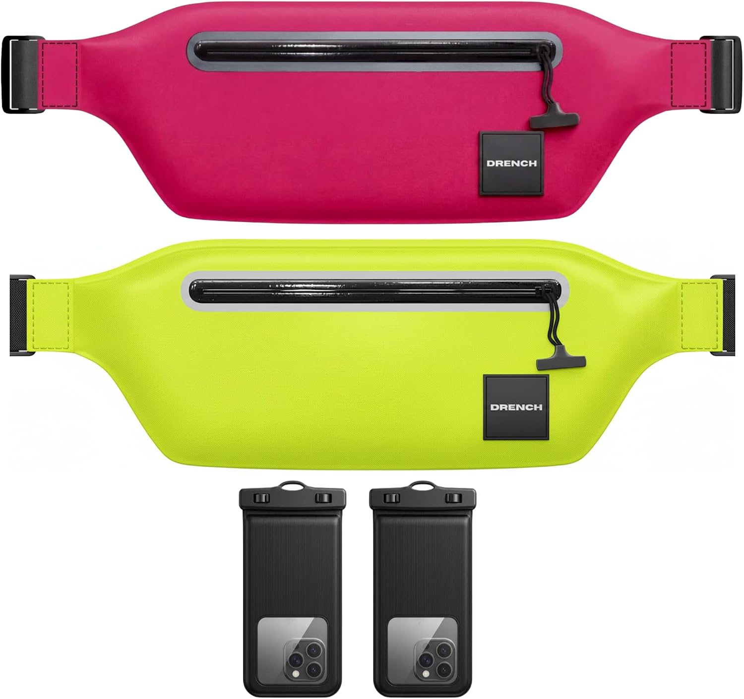 DRENCH tropical vacation gear – Pink + Yellow Waterproof Fanny Pack Bundle, 2 Submersible Phone Pouches + Floating Cases