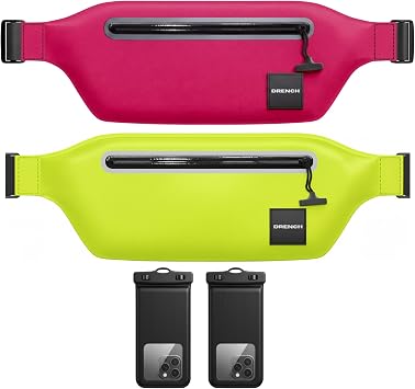 DRENCH tropical vacation gear Pink + Yellow Waterproof Fanny Pack Bundle, 2 Submersible Phone Pouches + Floating Cases