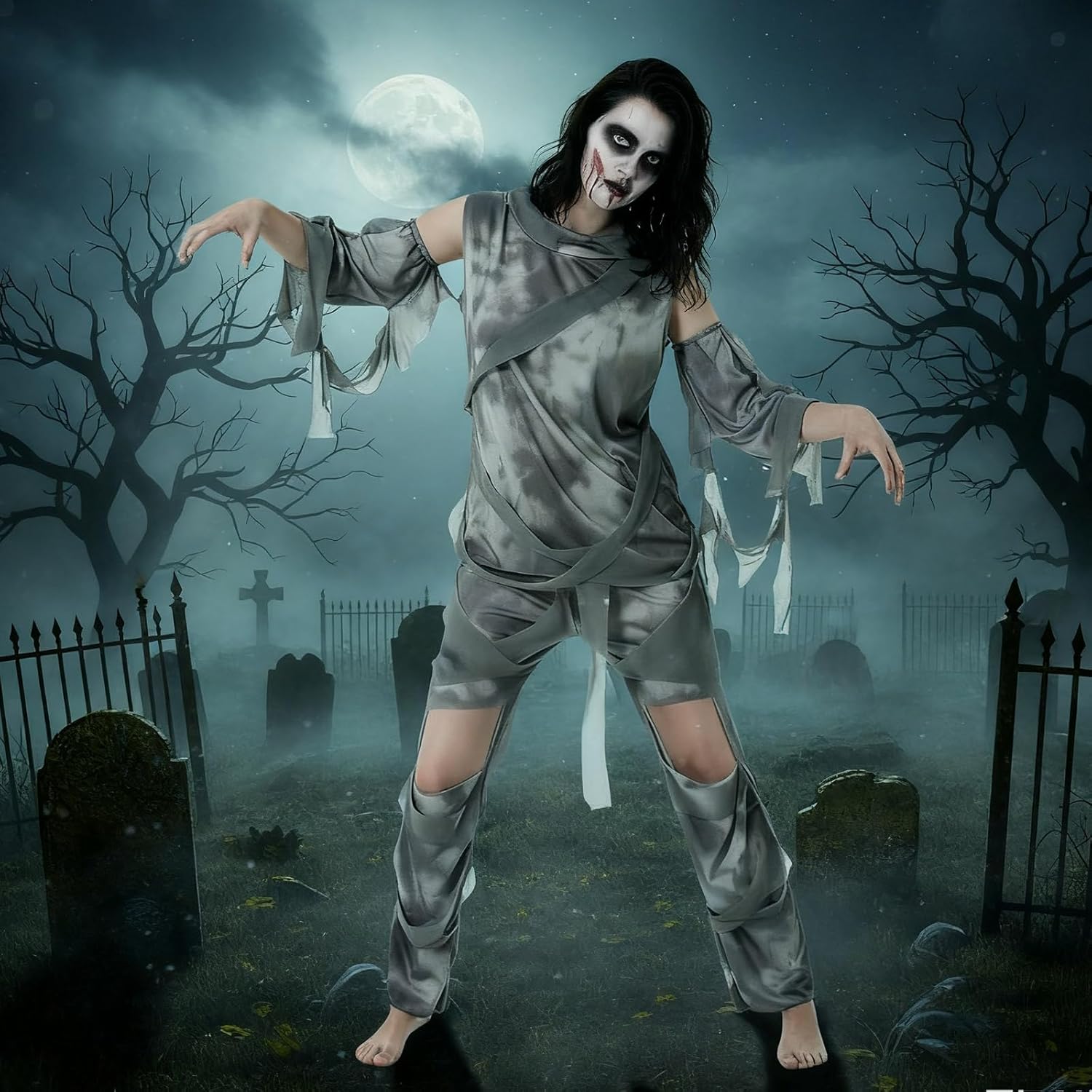 Mepase 4 Pcs Halloween Mummy Costume Zombie Costume for Men Women, Include Top Pants Sleeves Bandage Mummy Wrap Cosplay - Image 7