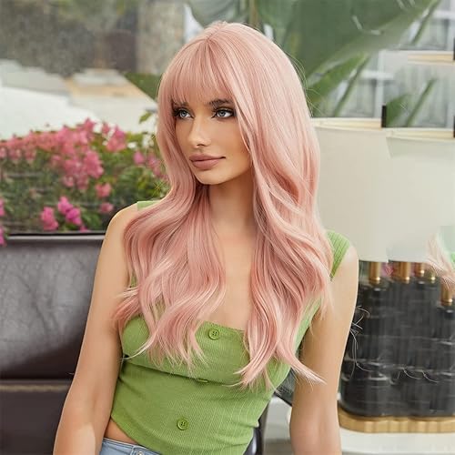 Miniatura 4 de VKheroKV WL-01 Peluca ondulada rosa de larga duración, sintética, resistente al calor, pelucas rizadas naturales, color elegante, para fiestas, uso