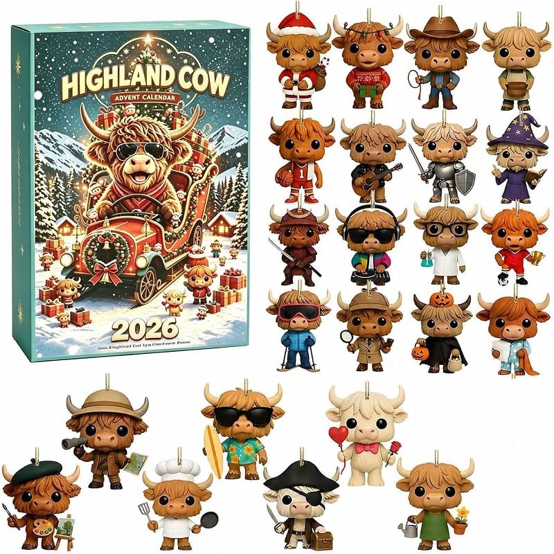 Highland Cow Advent Calendar 2026, 24 3D Cute Mini Cattle Figurines (#C)