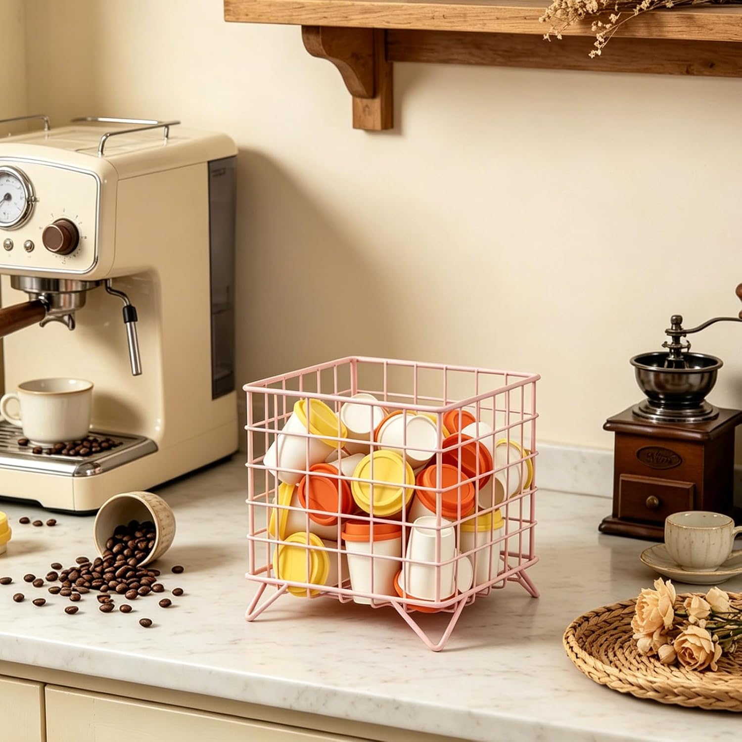 4 Pcs Metal K Cup Holder Organizer Coffee Pods Storage Basket Wire Kup Coffee Bar Accessories Large Capacity Metal Pink Countertop Organizer for Kitchen Office Desktop