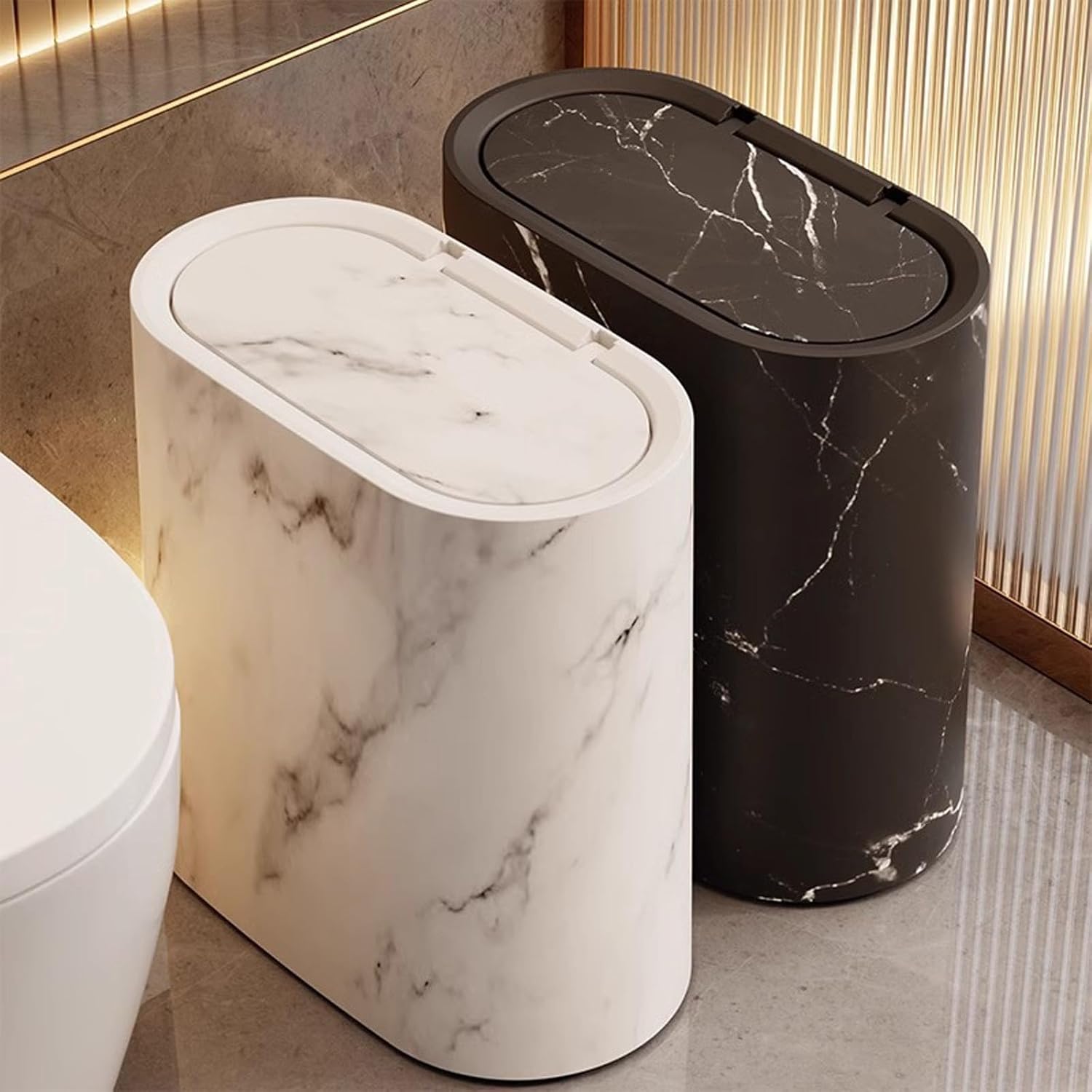 Bathroom Trashcans with Lids, Plastic Marble Wood Pattern Trash Can Small Garbage Bin with Lid for Bathroom Narrow Wastebasket Modern Waste Basket for Home Indoor Hotel (White)