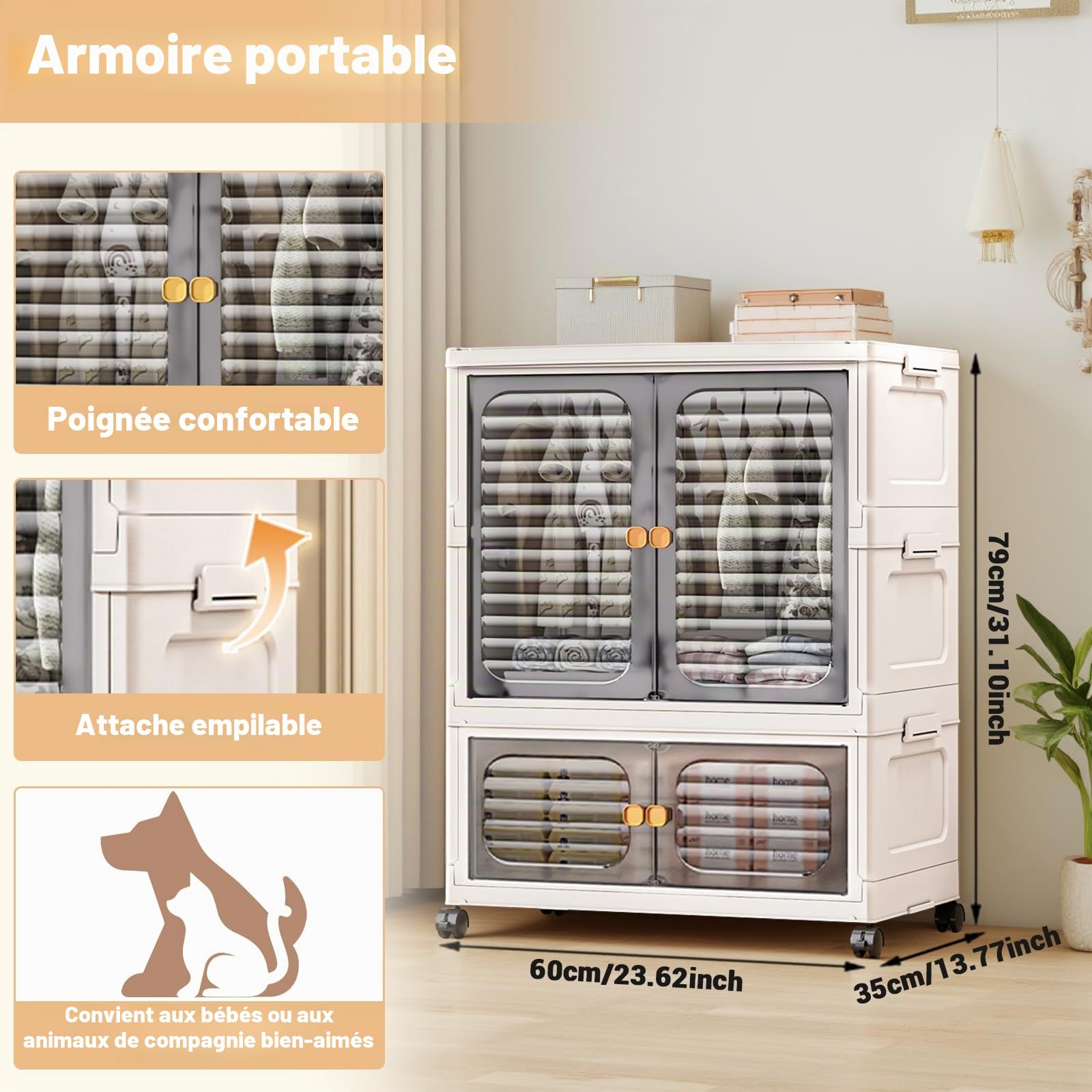 Armoire portable à double portes - Armoire pliante avec roulettes - Boîtes empilables - En plastique - Avec 1 suspension + 1 rangement - 60 x 35 x 79 cm - Blanc