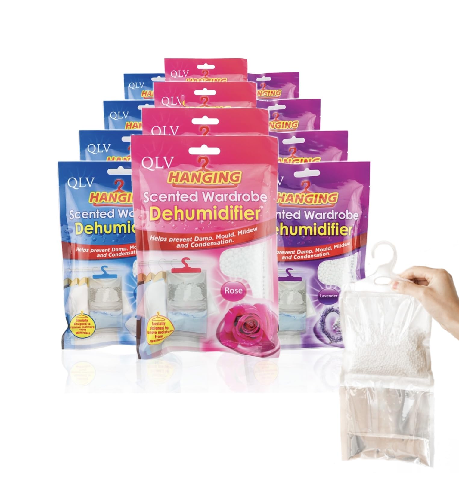 QLV Wardrobe Dehumidifier Hanging Bags - 12 Pack Scented Disposable Dehumidifier Bags for Wardrobe, Home, Bedroom, Caravan, Cupboard, Bathroom - Fast-Acting, Long-Lasting Damp & Moisture Absorber