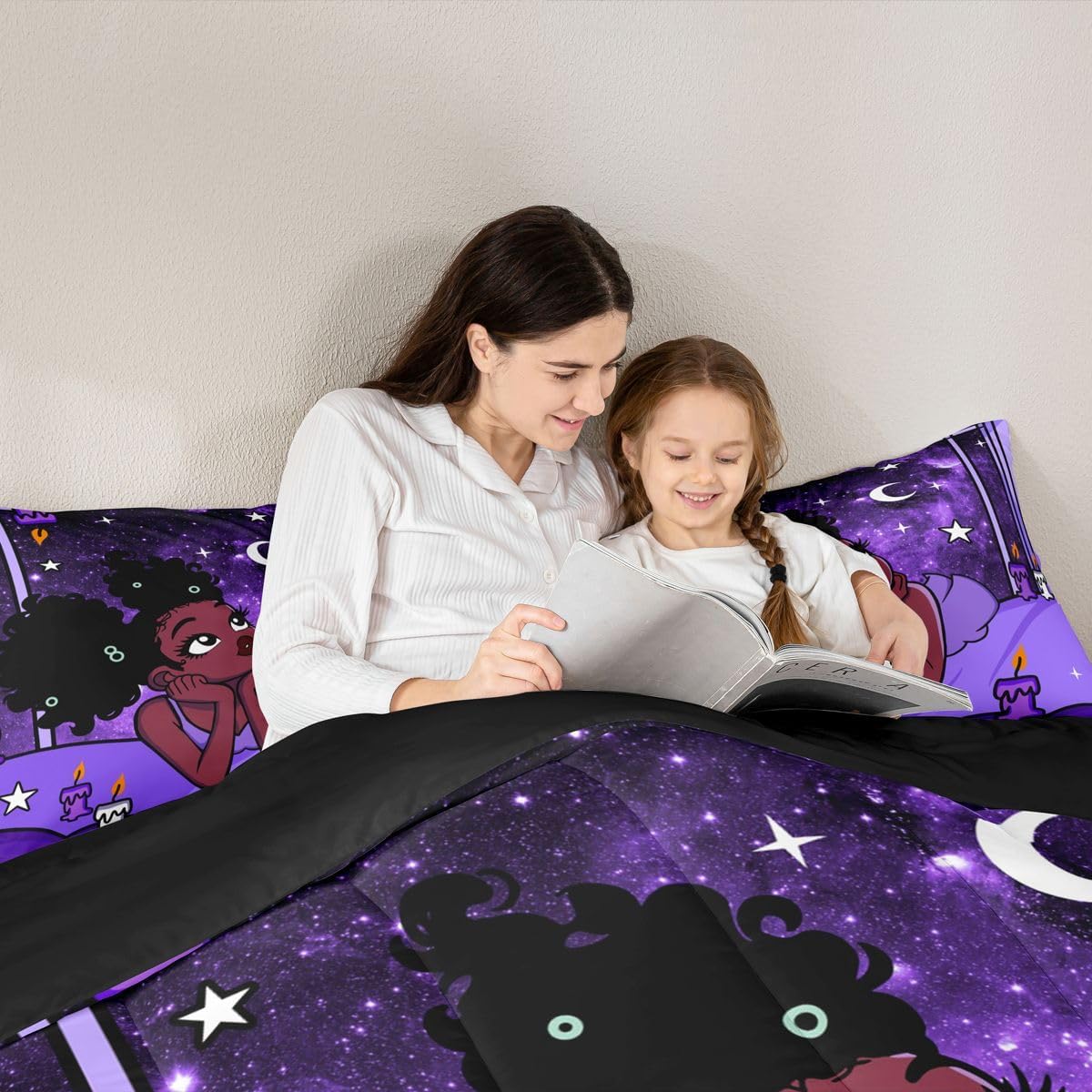 Black African Girls Comforter Set Queen Size,Africa and American Girly Bedding Sets 3Pcs Kids Girls Boys Women Room Decor,Cartoon Anime Theme Quilted Duvet Moonlit Night Down Comforter,2 Pillowcases